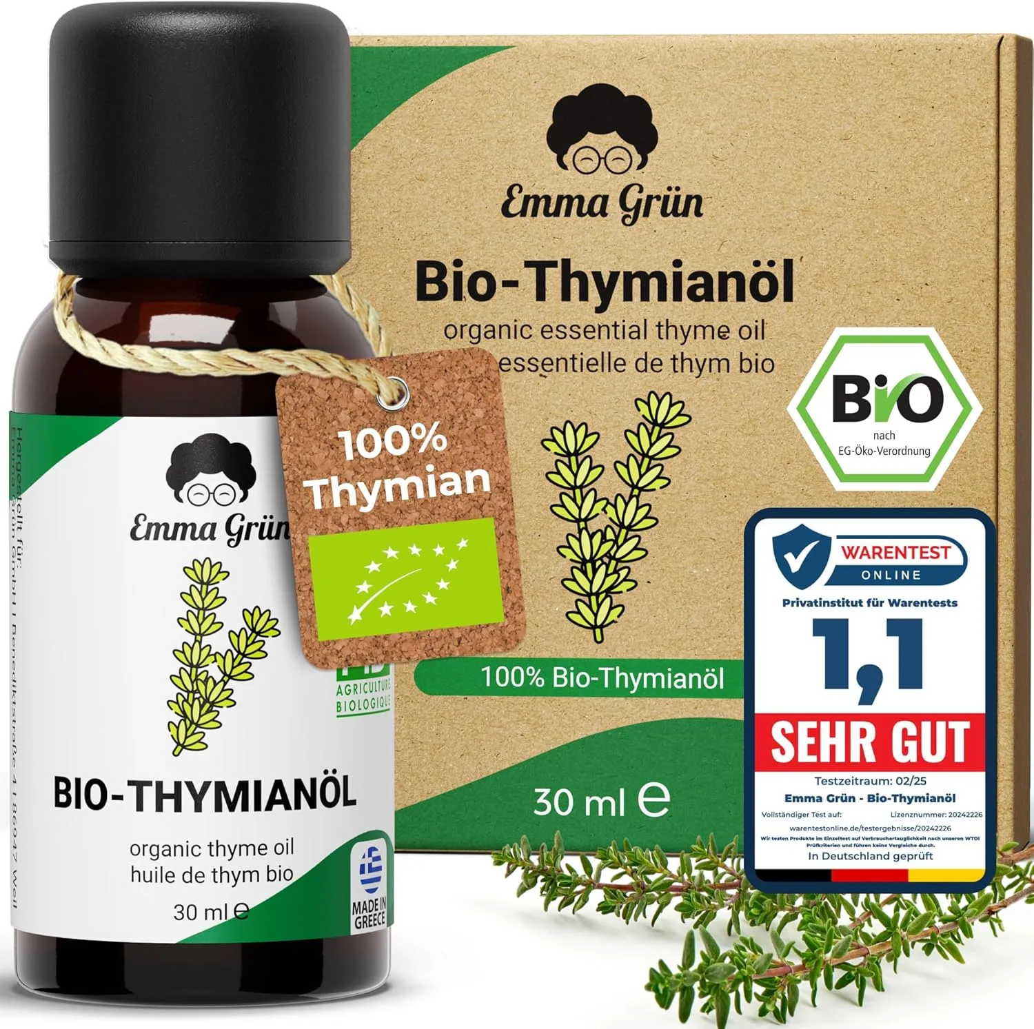 Emma Grün® Bio Thymianöl [100% Naturrein] - Ätherisches Öl 30ml - Würzig-Frisches Thymian Öl zum Einnehmen - Ätherische Öle aus Bio Thymian in LEBENSMITTELQUALITÄT - Essential Oils Aus Griechenland