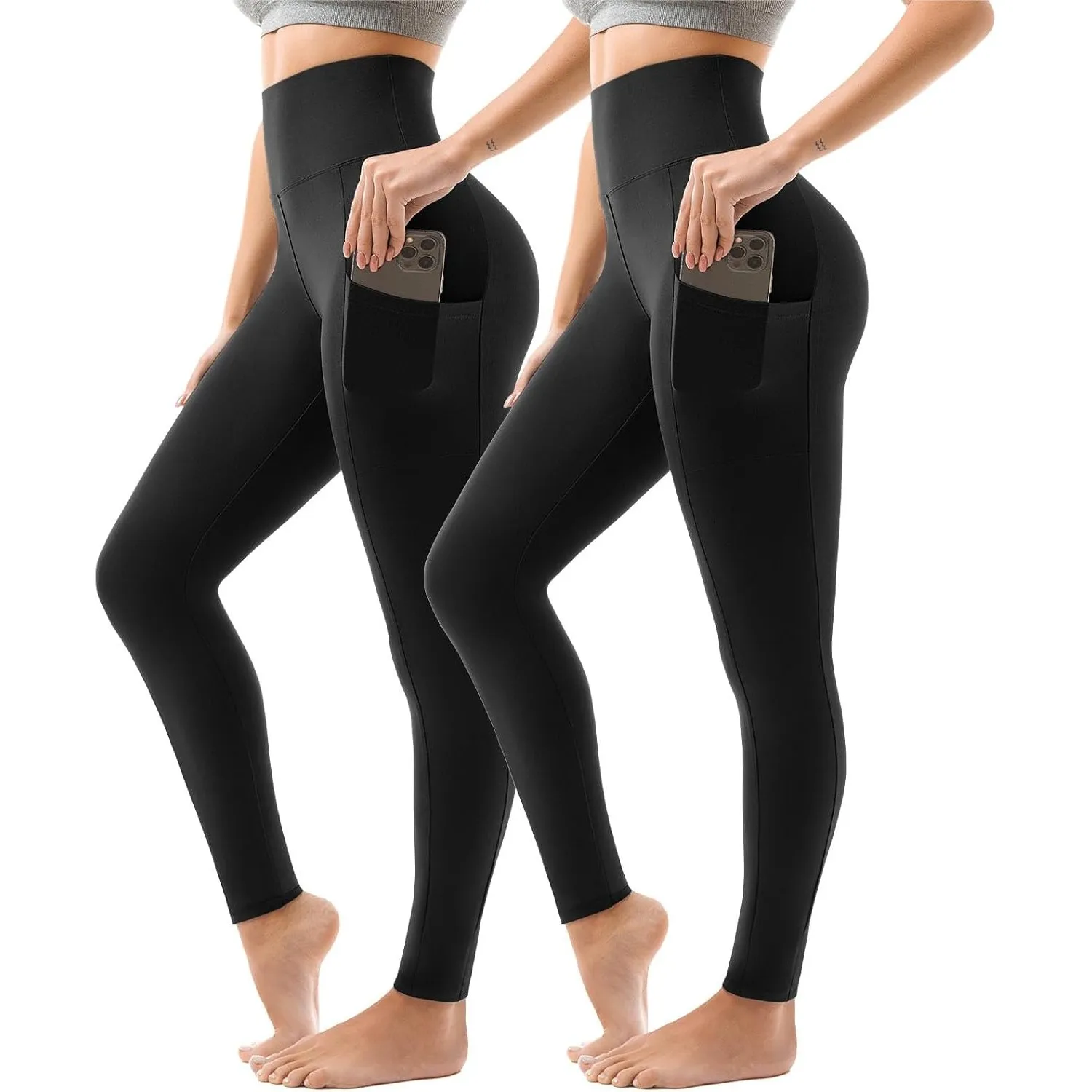 Sport Leggings Damen High Waist, Sporthose Damen Lang Mit Taschen Für Gym Yoga 2er Pack