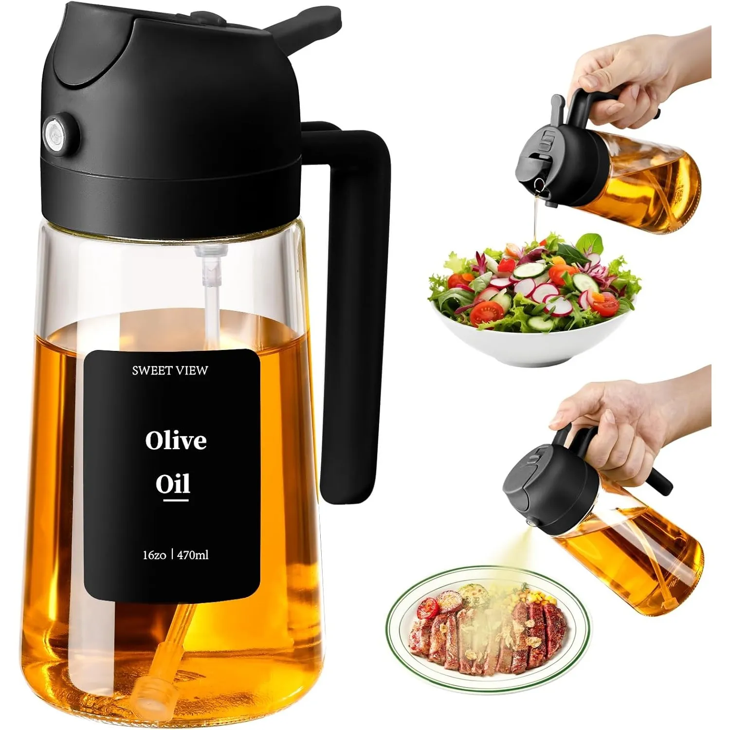 SWEET VIEW 2 in 1 Ölsprüher zum Kochen, 470ml Glasölflaschen/Olivenöl Sprühflasche für Salat, Grillen und Heißluftfritt…