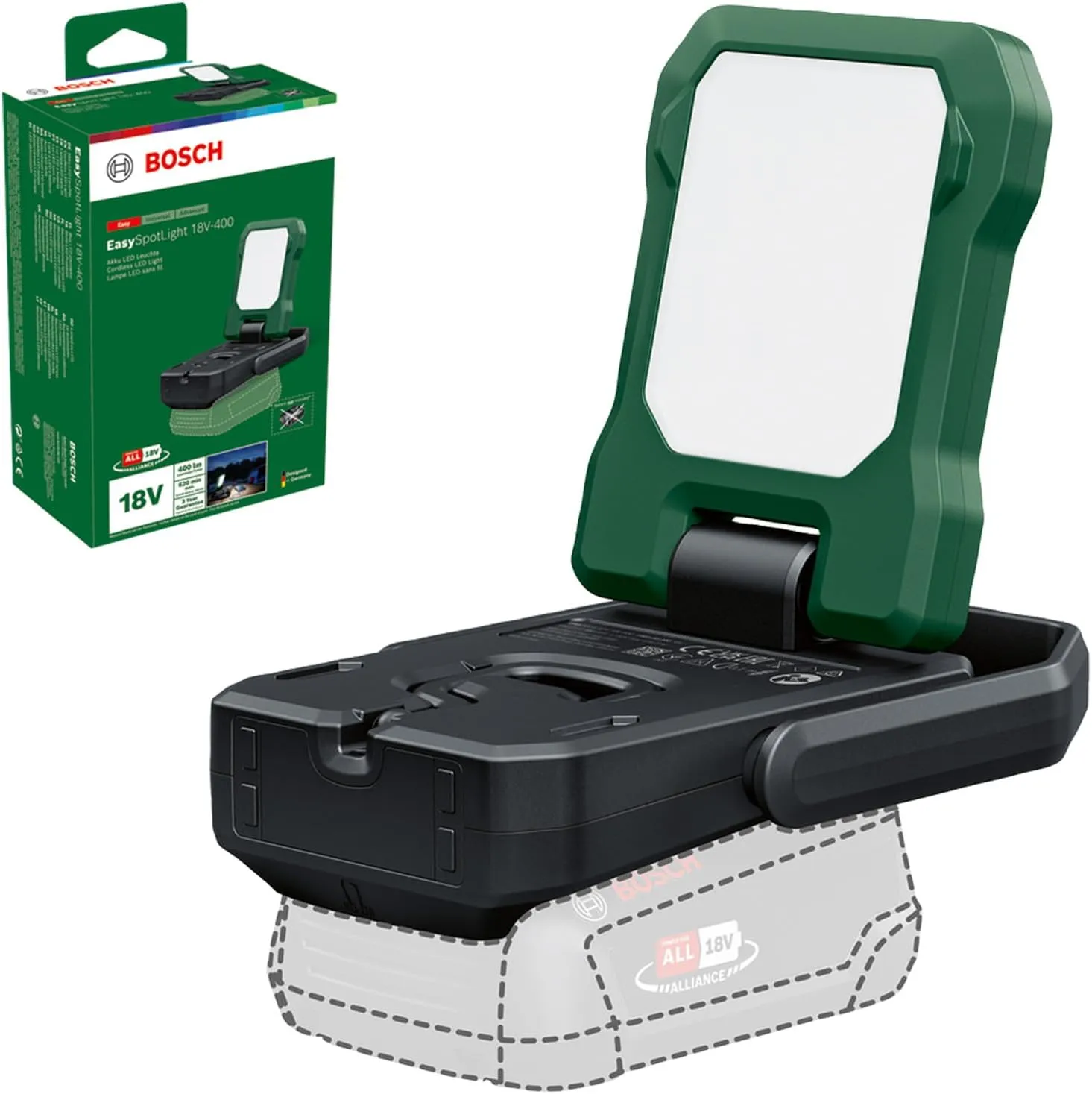 Bosch Akku- LED-Leuchte/Campinglampe EasySpotLight 18V-400 (warm-/kaltweißes Licht; 3 Helligkeitsstufen, Kopf klapp-/dr…