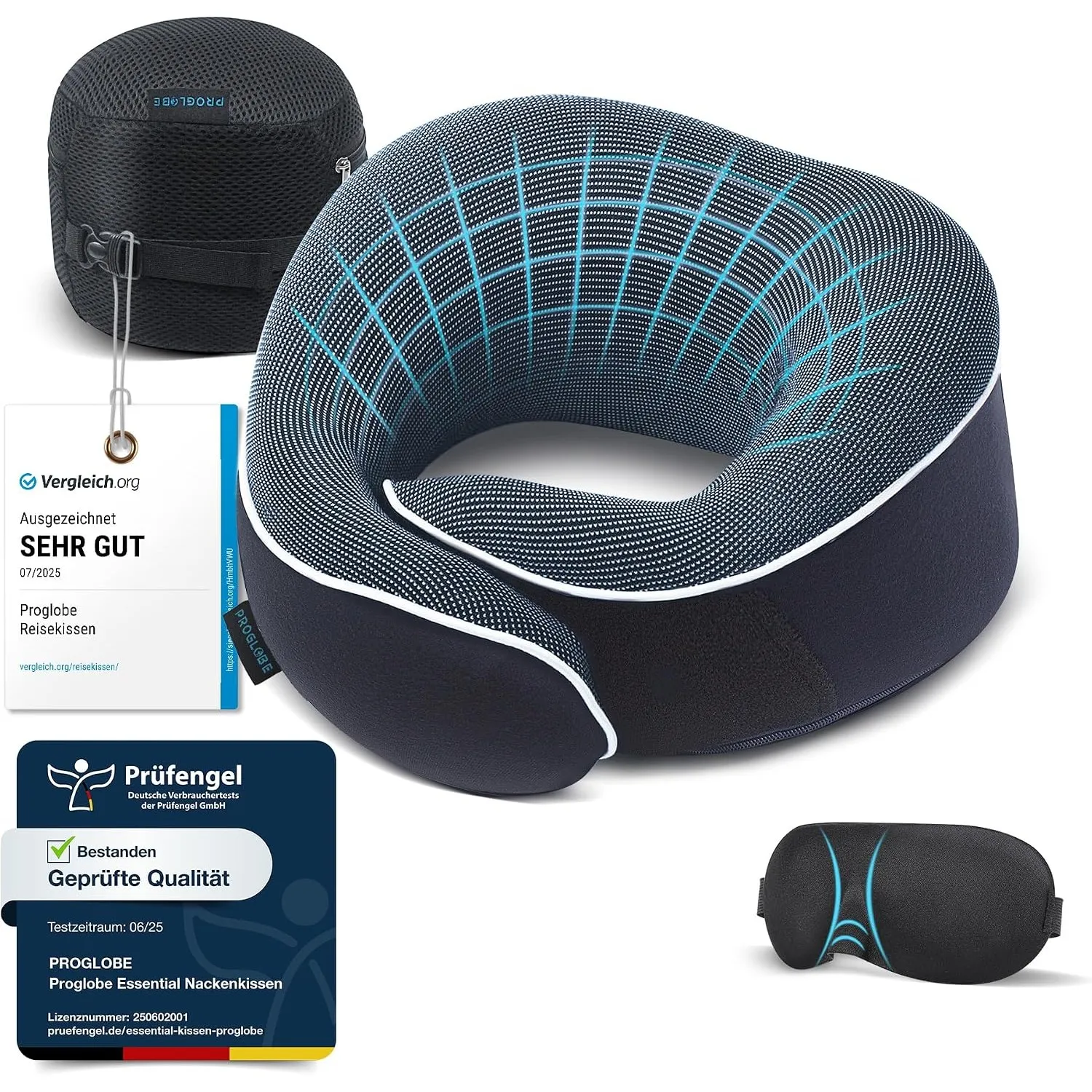 Proglobe Nackenkissen Flugzeug, Reisekissen 100% Memory Foam, Blau | Orthopädisches Nackenhörnchen für die Reise mit Au…