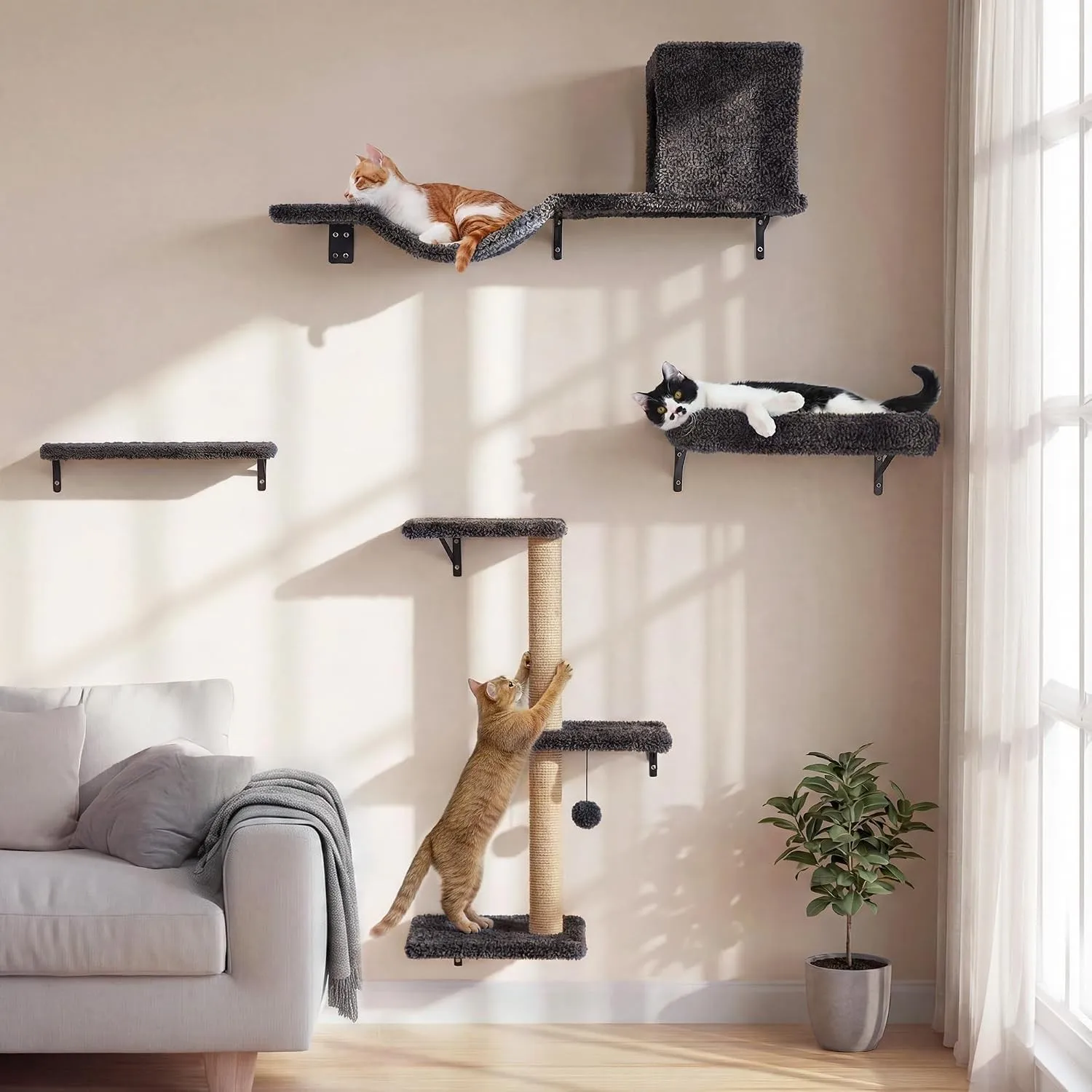 FUKUMARU Kletterwand Katzen Set, 10-teilig Katzen Kletterwand Set, aus robuster Multiplexplatte，Hängematte Katze mit Ka…