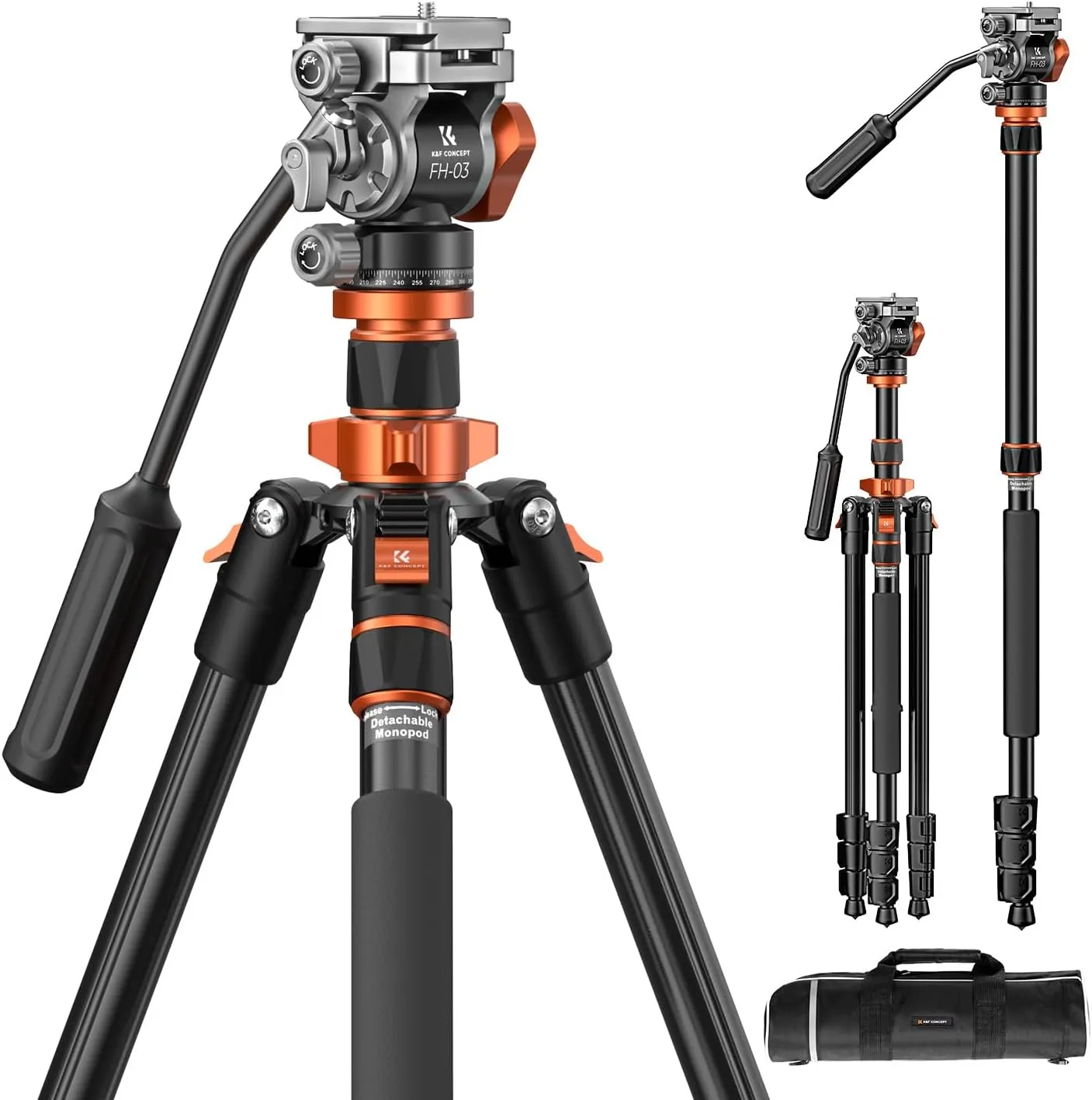 Camera Tripod, K&F CONCEPT Video Tripod Video Tripod with Fluid Head, 200 cm Camera Tripod, Tripod for Travel, with Rem…