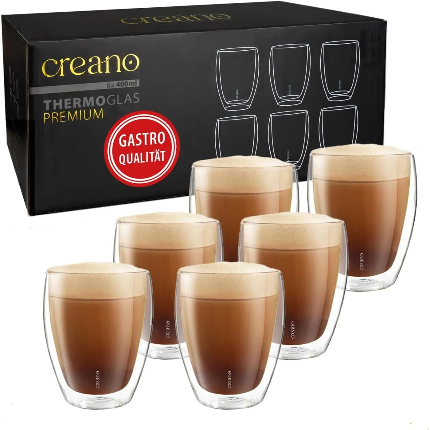 Creano PREMIUM doppelwandige Trinkgläser 400ml - 6er Set - WELTNEUHEIT | 100% Spülmaschinenfest durch GastroSeal Versie…