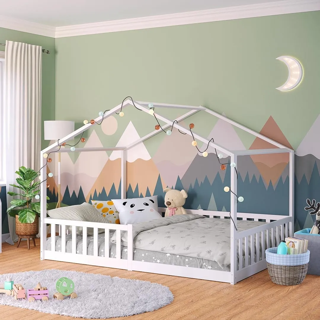 Bellabino Bia Kinderbett 140x200 cm, Bodenbett, Weiß, mit Rausfallschutz