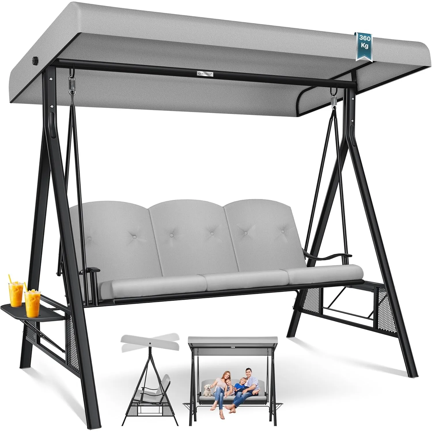 KESSER® Hollywoodschaukel mit Sonnendach 3-Sitzer & Sitzpolster-Auflage | Gartenschaukel bis 360kg belastbar | Gartenli…