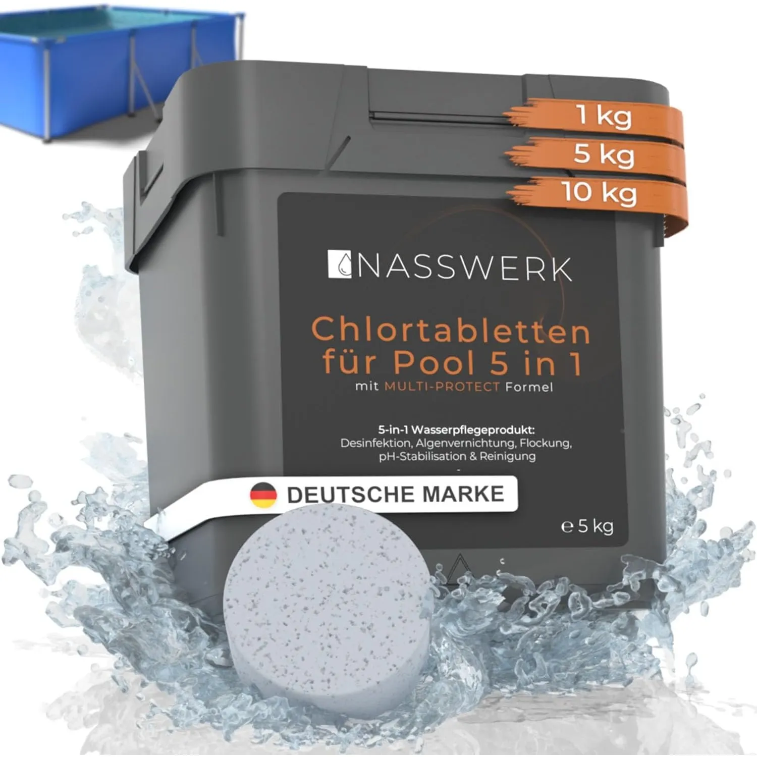 NASSWERK® Chlortabletten für Pool 5 in 1 (5kg) | 200g Langzeit Multitabs | Pool Multitabs 5 in 1 mit Chlor, Algizid, pH…