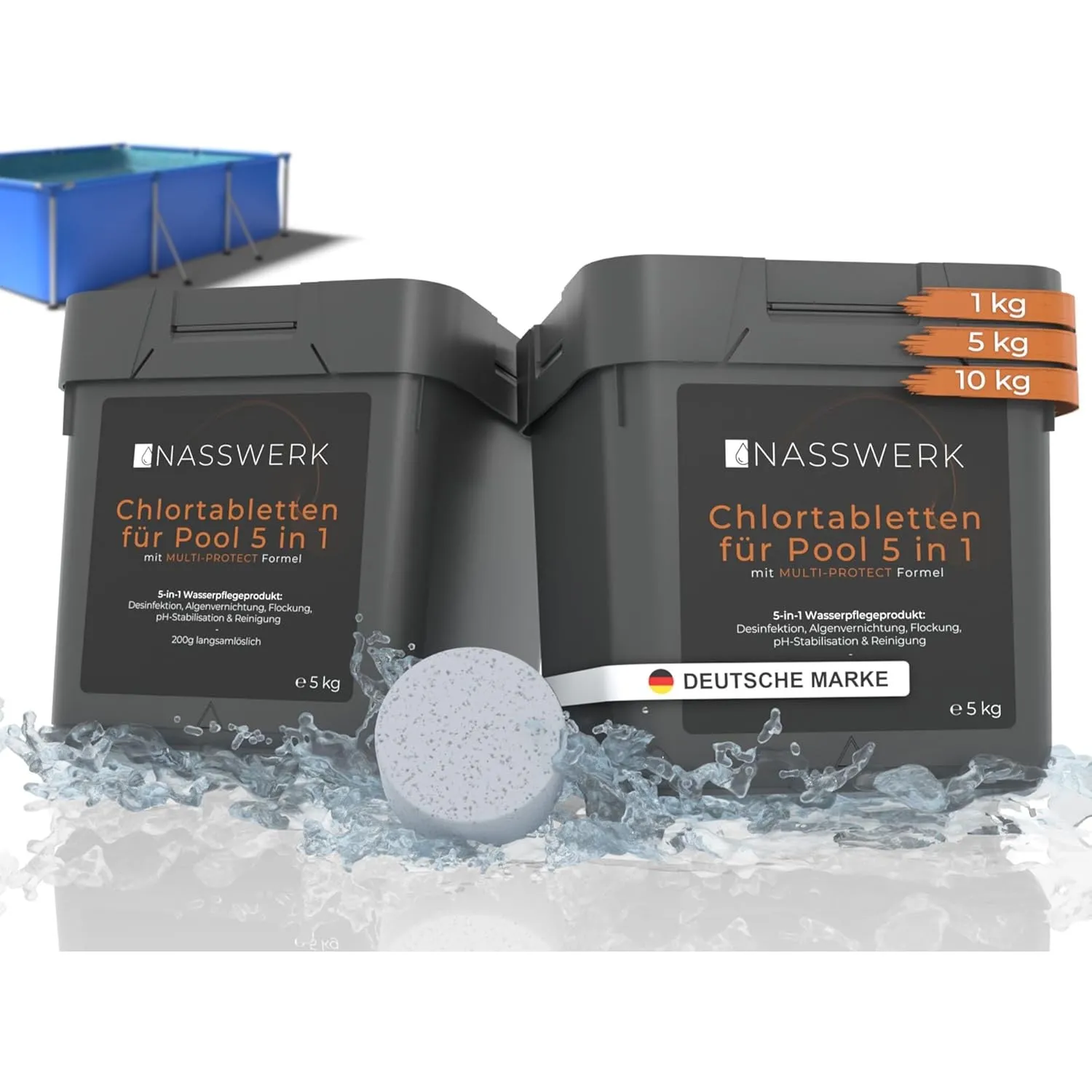 NASSWERK Pooltabs Multitabs 5 in 1 (10kg) | 200g Chlortabletten mit Algizid, pH Stabilisator, Flockungsmittel & Reinige…