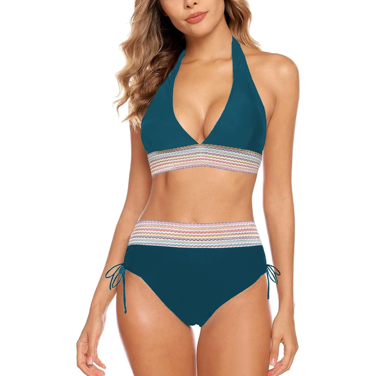 Damen Bikini Set Bademode Bauchkontrolle Hohe Taille Bikini Sets Hohe Taille V Ausschnitt Verstellbar Zweiteiliger Bade…