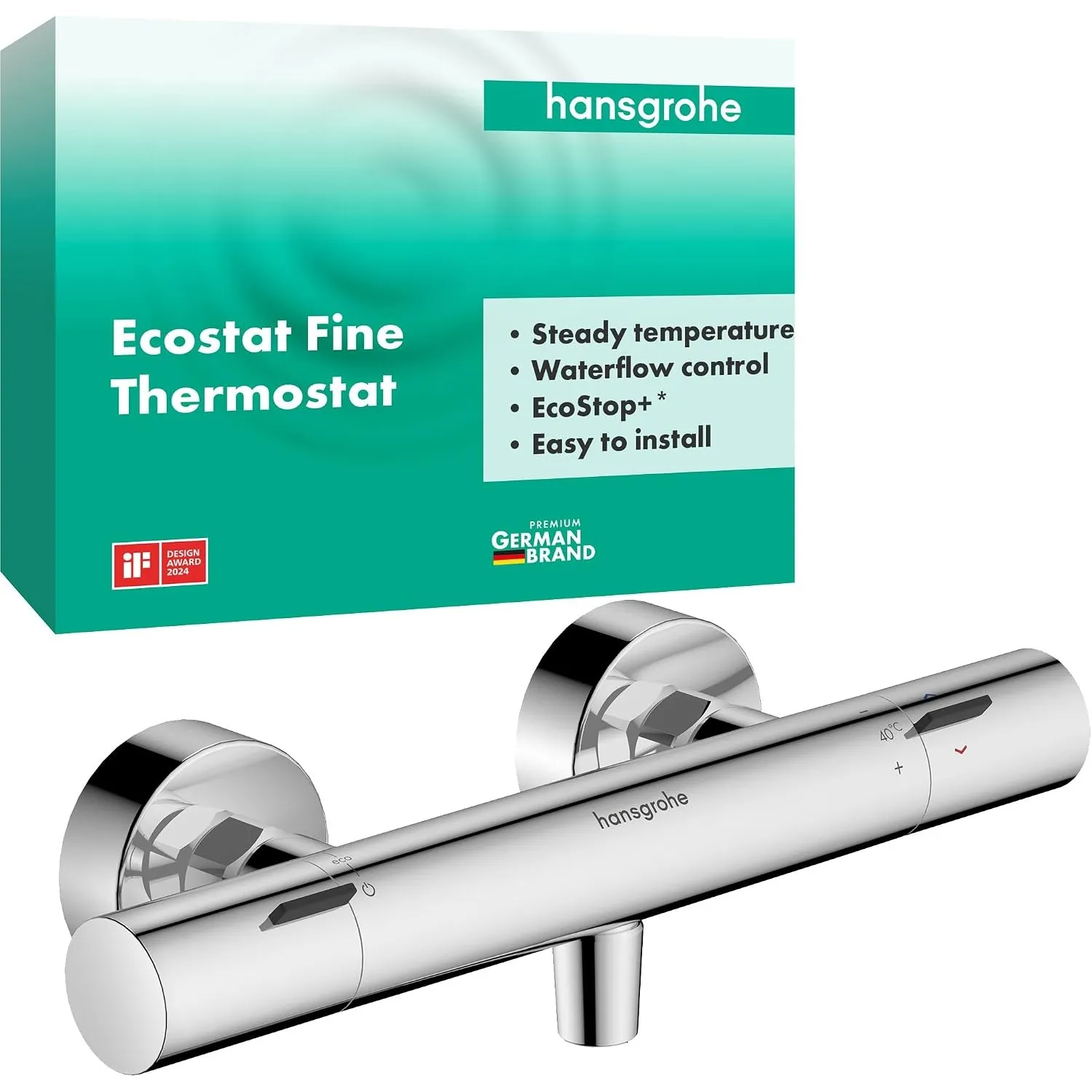 hansgrohe Ecostat Fine - Duschthermostat Aufputz mit EcoStop+, Duscharmatur mit Sicherheitssperre (SafetyStop) bei 40° …