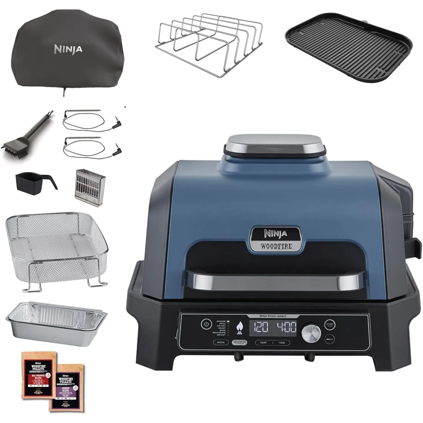 Ninja Woodfire Pro Connect XL elektrischer BBQ-Smoker-Grill, Blau/Schwarz