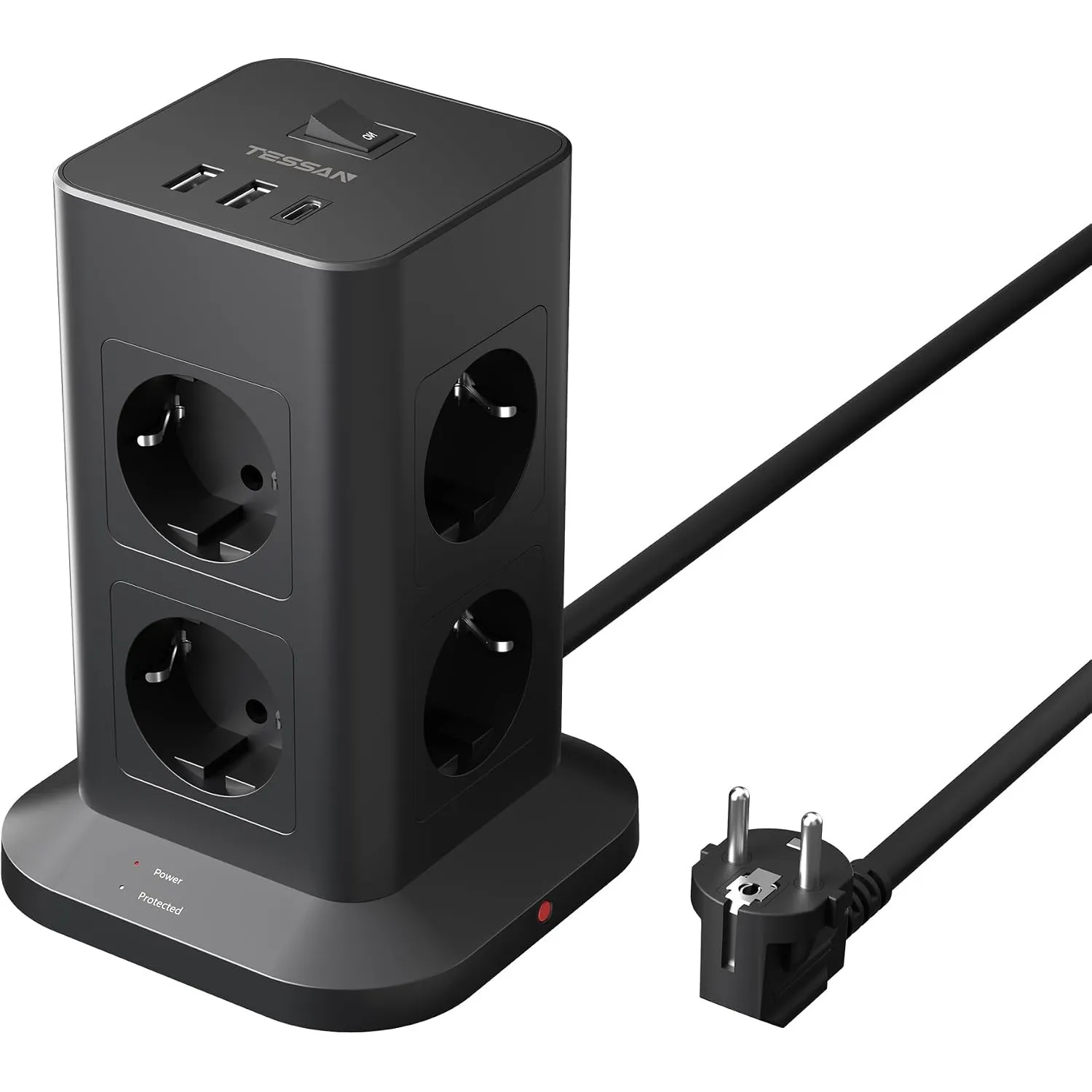 TESSAN 8 Fach Mehrfachsteckdose mit USB C, Verlängerungskabel 2M, Schwarz