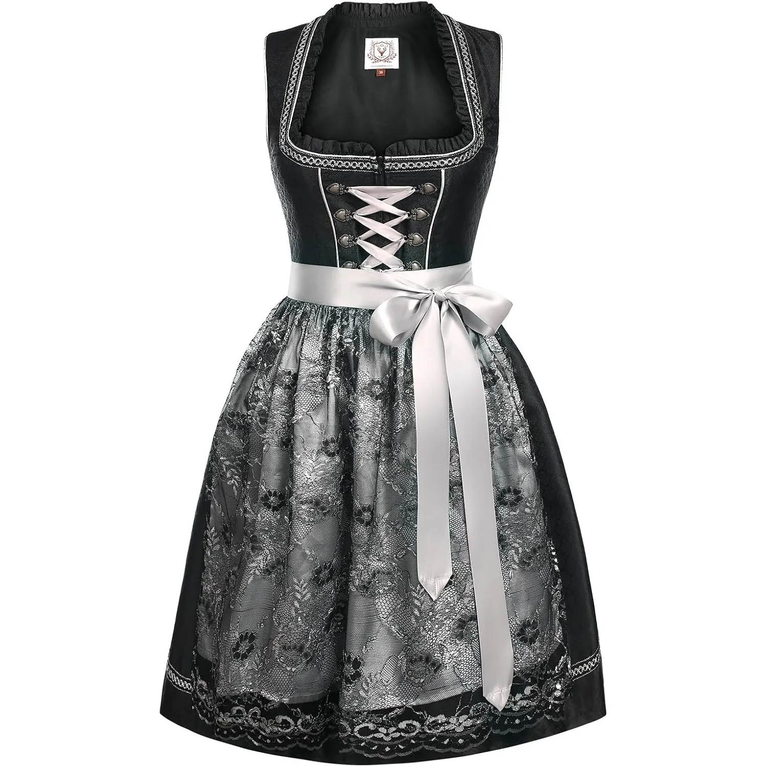 Funspread Dirndl Damen Midi Schwarz - Dirndlkleid mit Spitzenschürze Trachtenmode Kleid für Oktoberfest