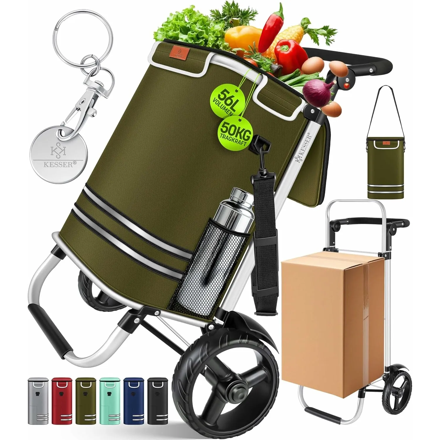 KESSER® Einkaufstrolley klappbar mit 56L Kapazität und belastbar bis 50kg | 3in1 Trolley Sackkarre & Umhängetasche | Fa…