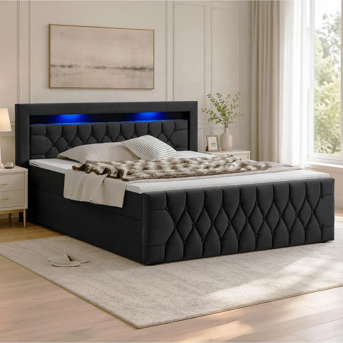 Juskys Boxspringbett Leona 180x200 cm - Bett mit LED Beleuchtung, Topper & H4 Federkern Matratzen - Einzelbett Schwarz …