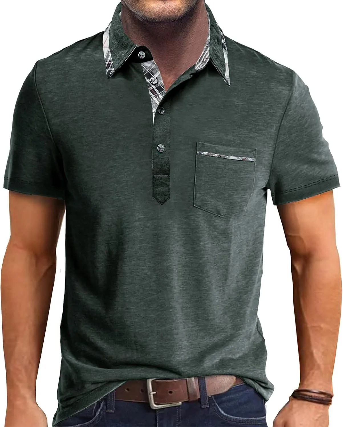 Men’s Short Sleeve Polo Shirt, Contrasting Colour T-Shirts with Pocket, Classic Summer Polo