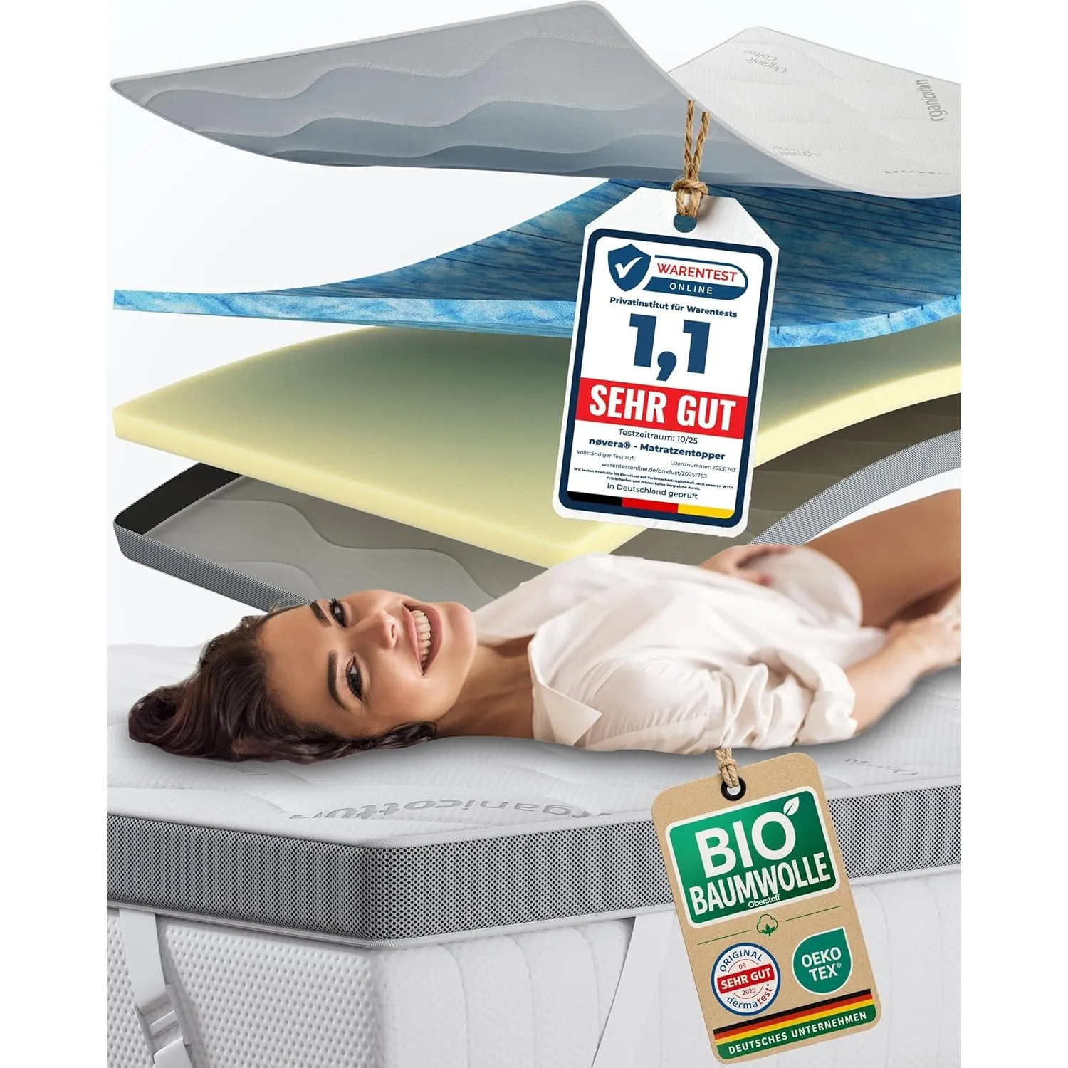 Premium Gel Topper 90x200cm | H2/H3 | Oberstoff aus 100% Bio-Baumwolle | wolkenweicher 7-Zonen Matratzentopper 90x200cm…