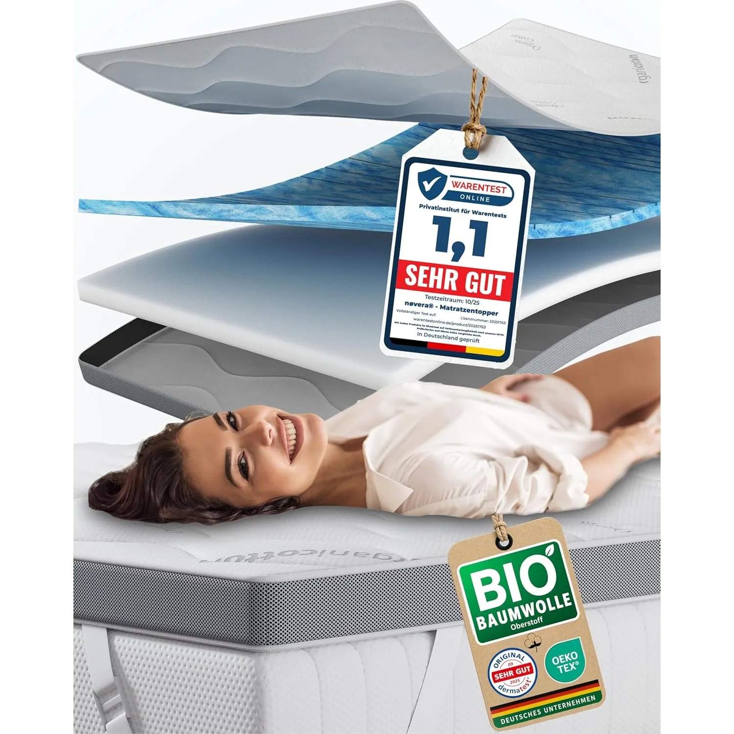 Premium Gel Topper 90x200cm | H3/H4 | Oberstoff aus 100% Bio-Baumwolle | wolkenweicher 7-Zonen Matratzentopper 90x200cm…