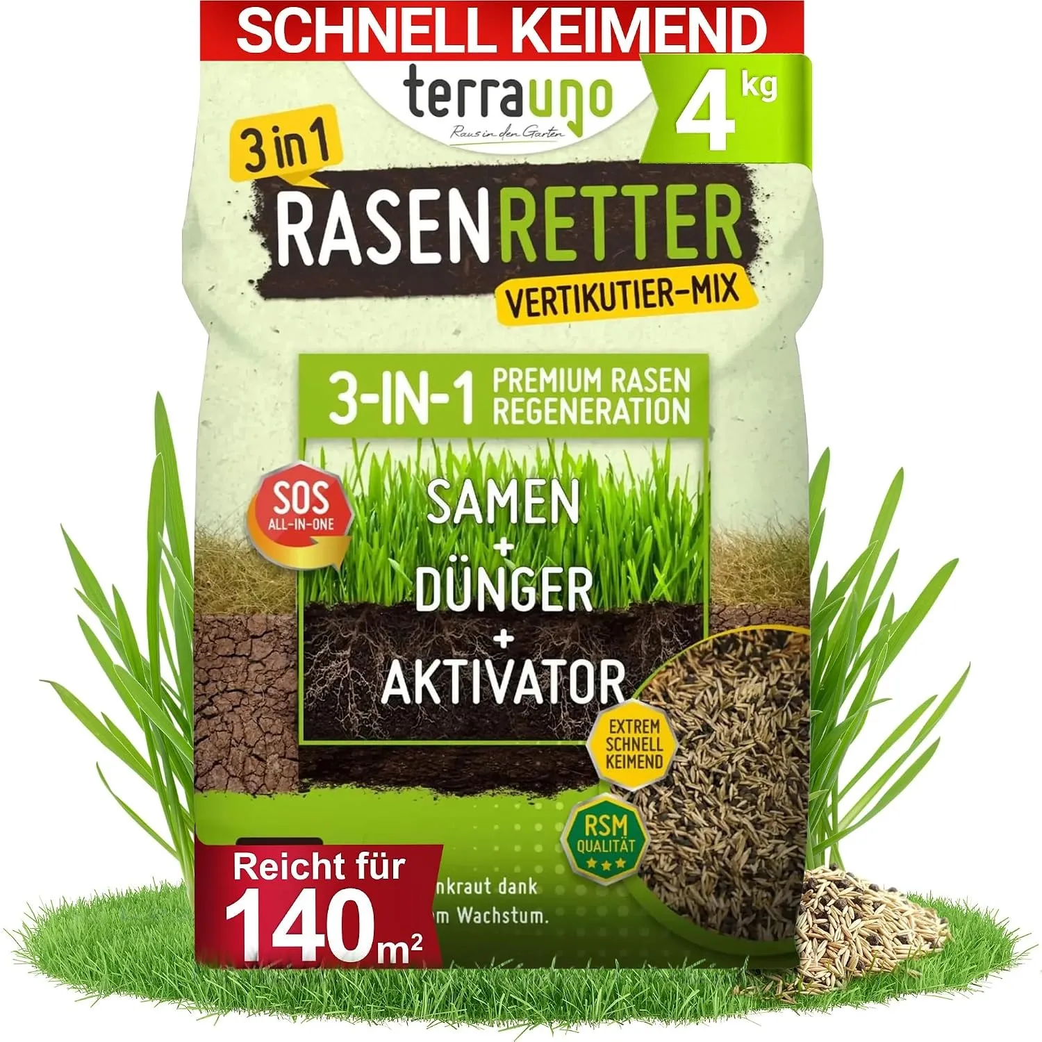 Terrauno - "Rasenretter" Vertikutiermix I 4 kg für 140 m² I Rasendünger, Rasensamen & Bodenaktivator I 3in1 Rasenrepara…