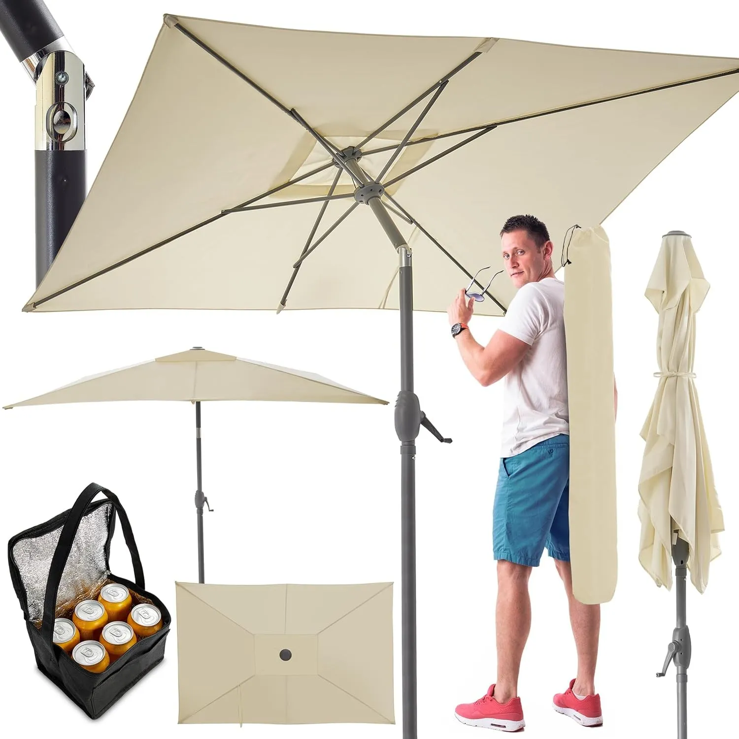 TOM rechteckiger Sonnenschirm mit Schutzhülle und Kurbel für Balkon, Garten & Terrasse – großer 140 x 210 cm Gartenschi…