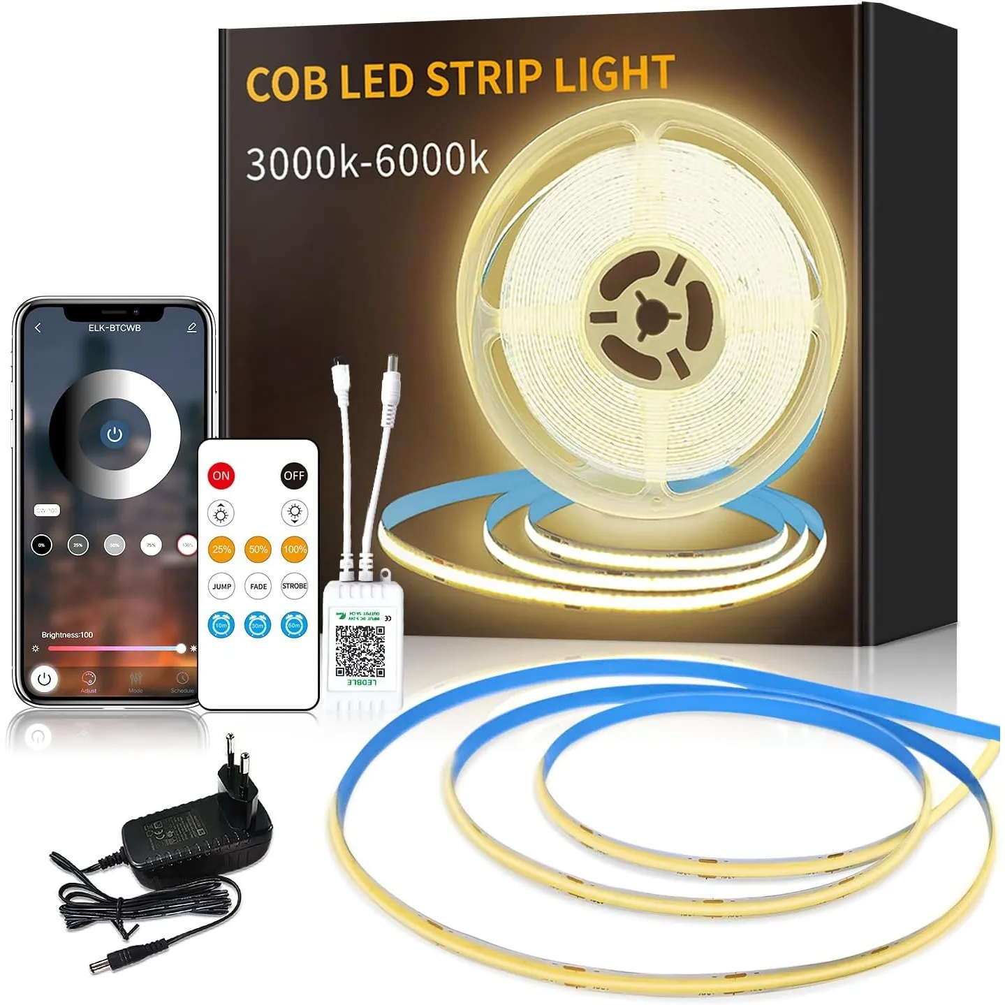 cob Led strip 5m,mit Fernbedienung, APP Steuerung,DC24V 3000k Warmweiß LED band,flexible Dimmbar cob LED Streifen, anwe…