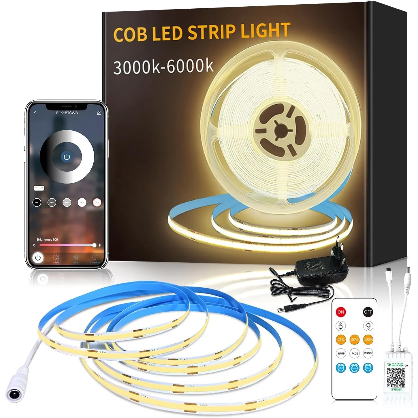 COB LED Strip 5m, DC 24V Warmweiß flexible Dimmbar LED Streifen,3000k COB LED Streifen mit Fernbedienung&APP Steuerung,…