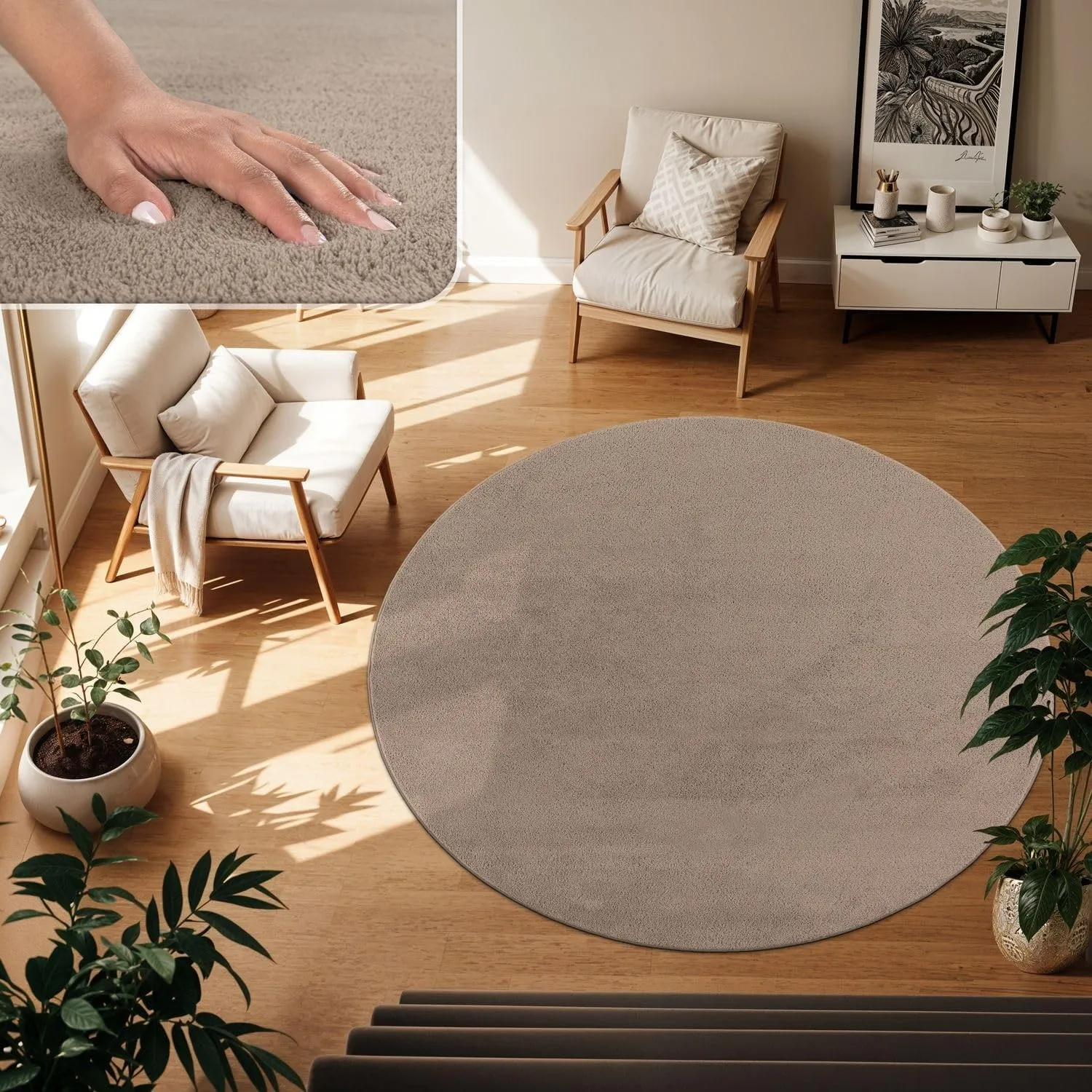 TT Home Teppich Wohnzimmer Taupe 200 cm Rund, Waschbar & Kurzflor