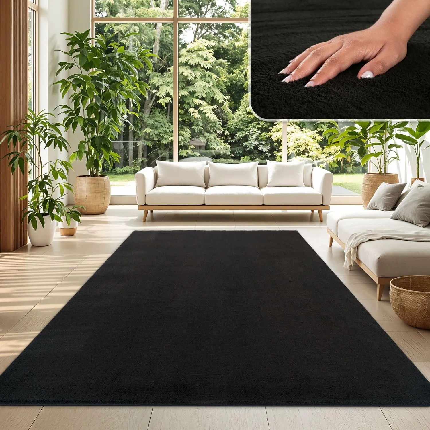 TT Home Teppich Wohnzimmer Schwarz 200x200 cm, Waschbar & Kurzflor