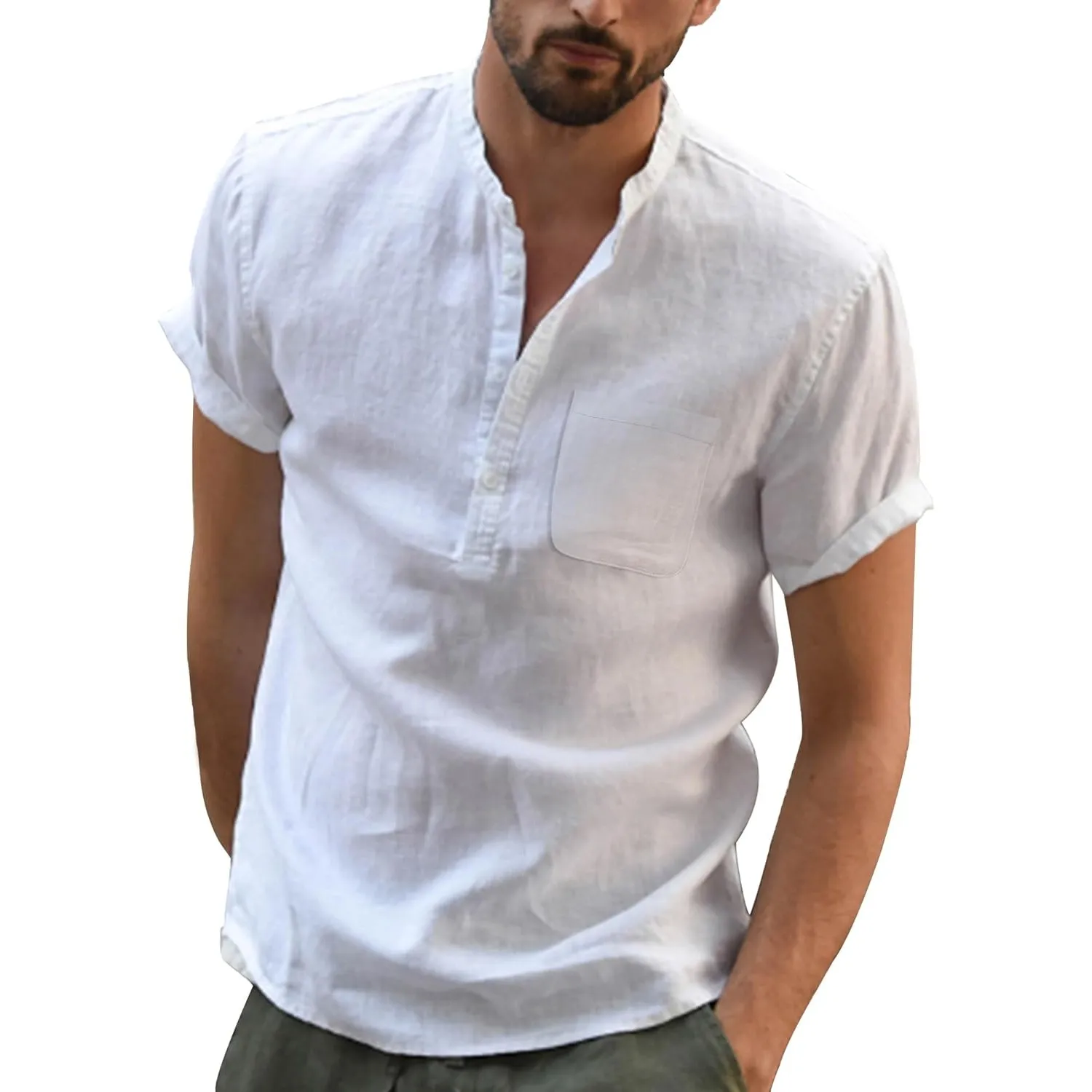 Leinen Hemd Herren Kurzarm Sommer Shirt Männer Henley mit Brusttasche Universal Fit