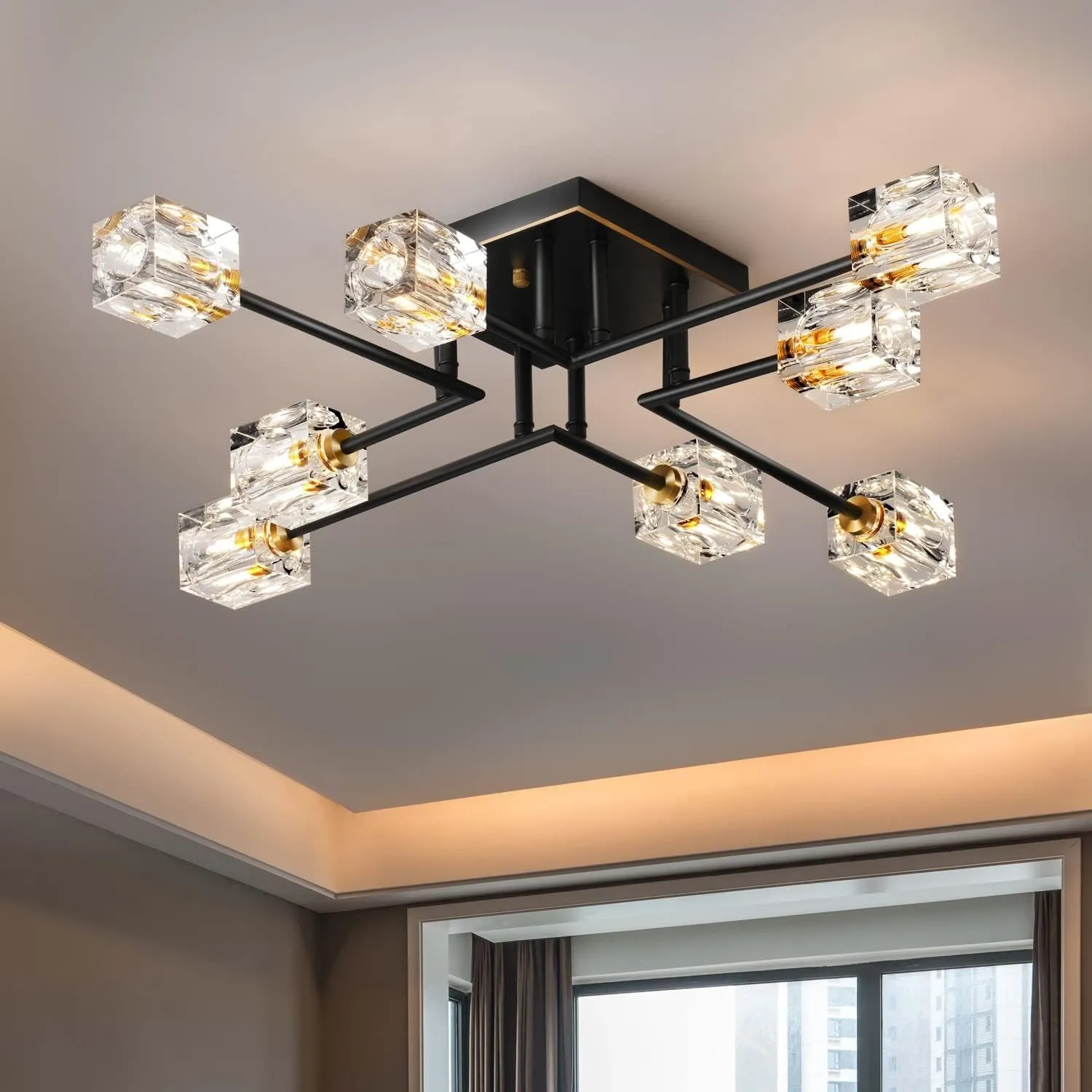 Moderne Deckenleuchte Kristall Deckenlampe Schwarze und Gold Deckenlampe, 8-Lichter Design, Luxus K9 Kristall Kronleuch…