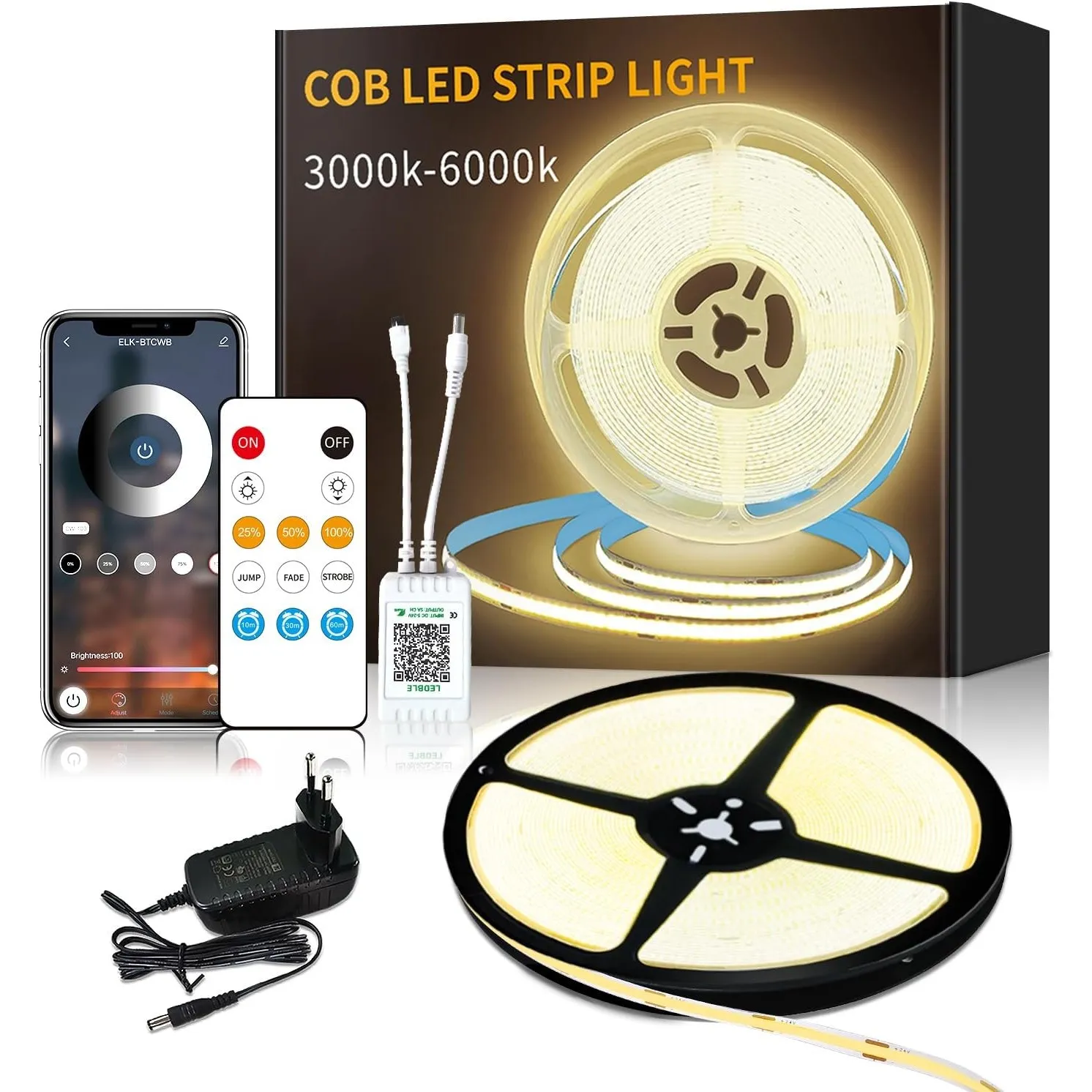 cob Led strip 10m,APP Steuerung,mit Fernbedienung,flexible Dimmbar cob LED Streifen, DC24V 3000k Warmweiß LED band, anw…