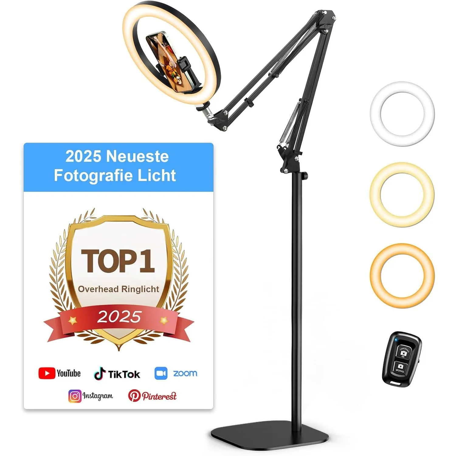Upgrade Ringlicht Ringleuchte mit Stativ Overhead, Evershop 10” Handy Stativ mit LED Ringlicht Flexibel 70,8” Höhe& 360…