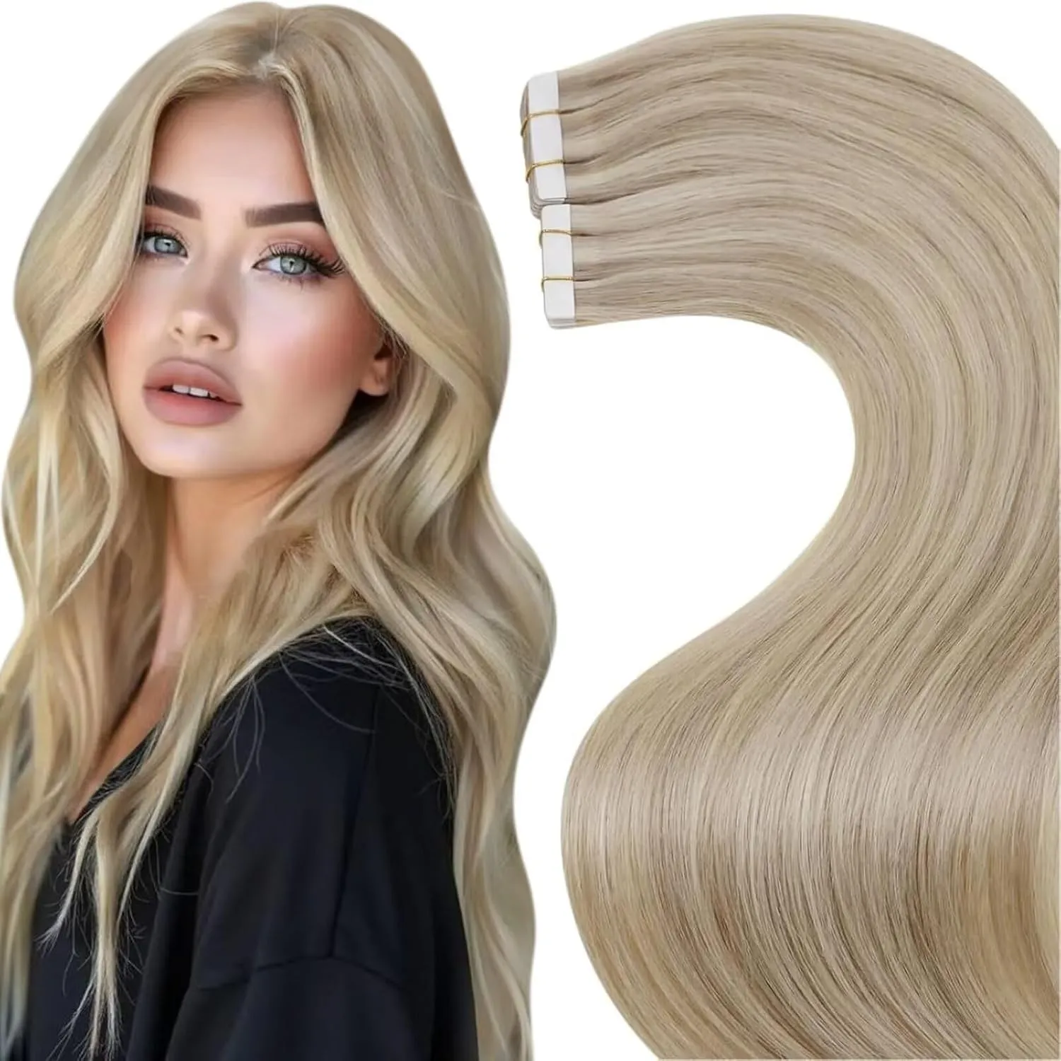 LaaVoo Tape in Extensions Echthaar 60cm Blond Echthaar Extensions Tapes Goldblond Highlight Mittelblond Remy Echthaar T…