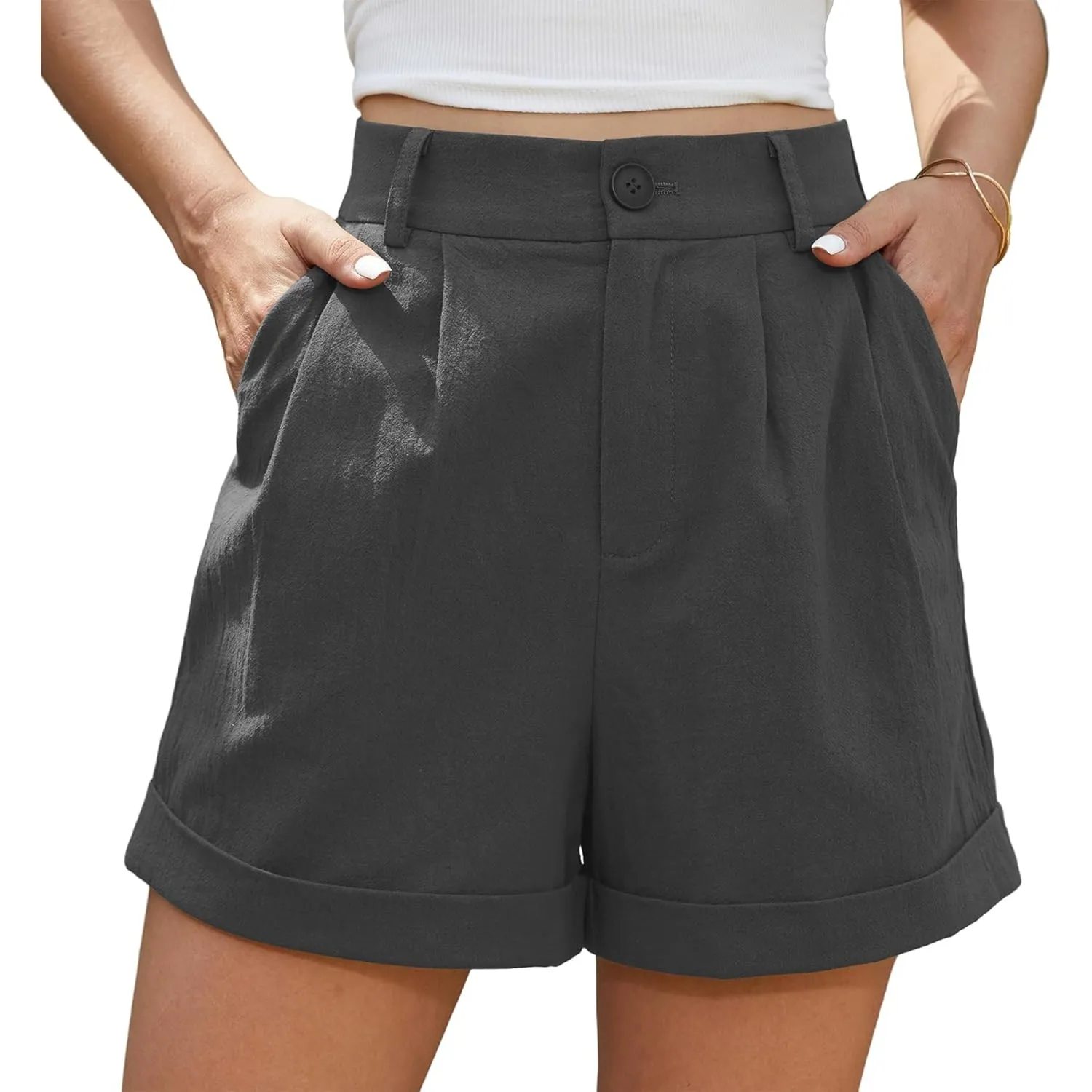 BEIGAI Damen Shorts Sommer Leinen High Waist Shorts mit Taschen