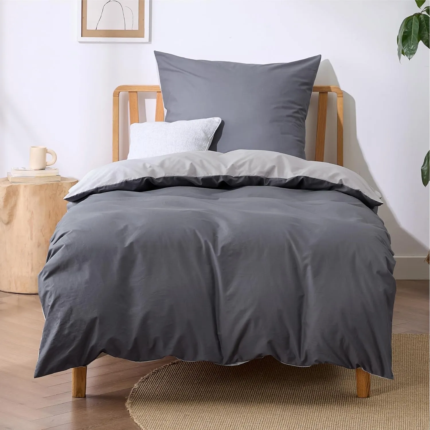 BEDSURE Bettwäsche 135x200 Baumwolle 2tlg. - Dunkelgrau/Grau 80x80 1 Kissen | 100% Baumwolle Bettwäsche-Sets mit Reißve…