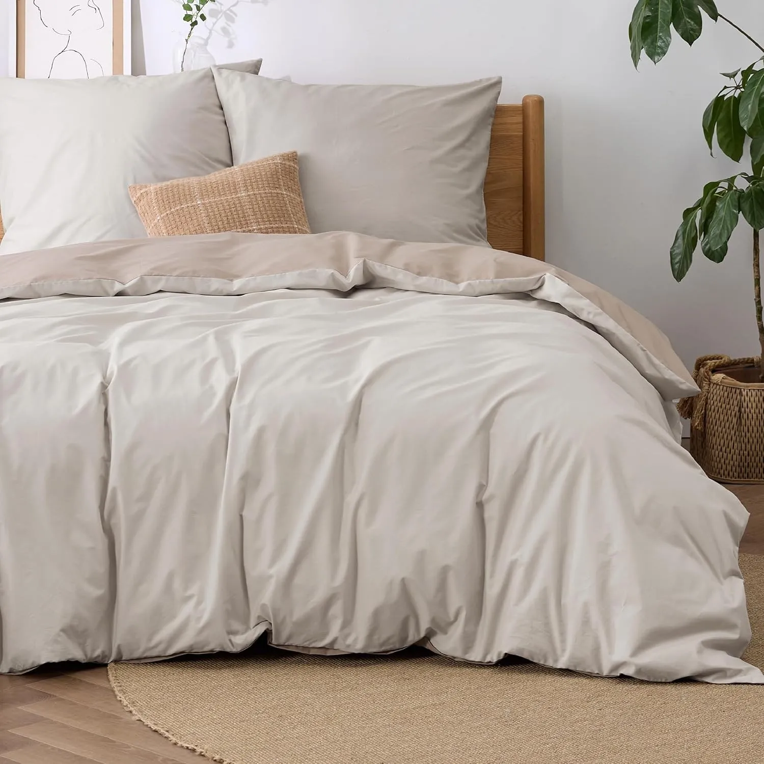 BEDSURE Bettwäsche 220x240 Baumwolle 3tlg. - Beige/Taupe Set 2x80x80 Kissen | 100% Baumwolle Bettwäsche-Sets mit Reißve…