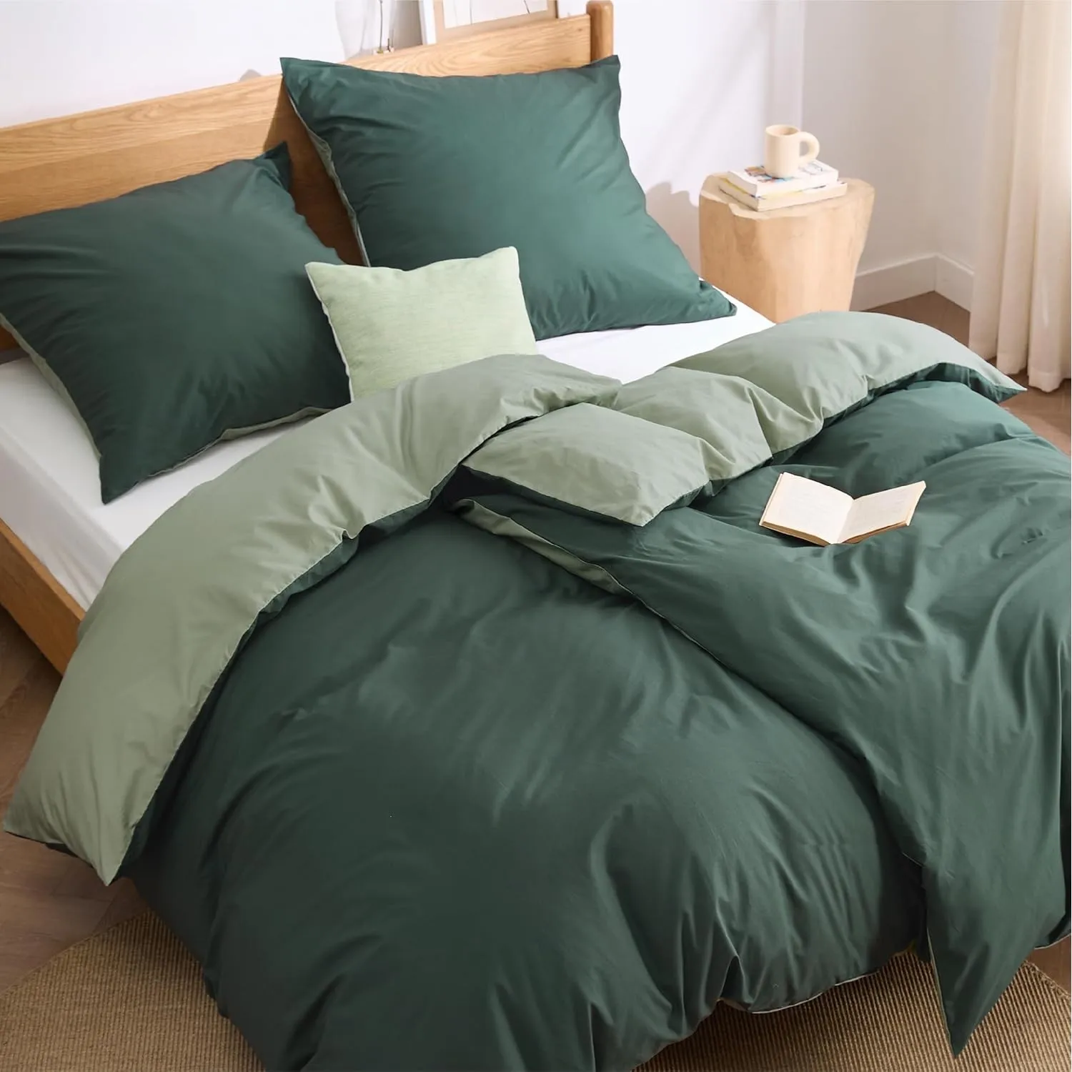 BEDSURE Bettwäsche 135x200 Baumwolle 4tlg. - Salbeigrün Set 2x80x80 Kissen