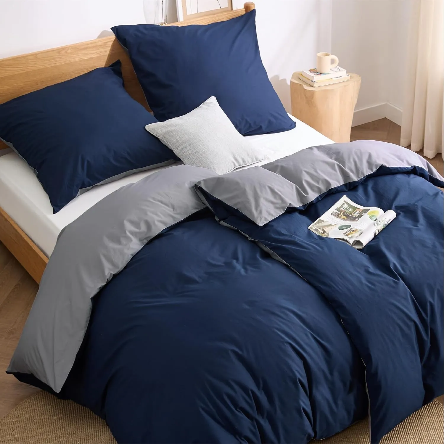 BEDSURE Bettwäsche 135x200 Baumwolle 4tlg. - Blau Grau Set 2X 80x80 Kissen