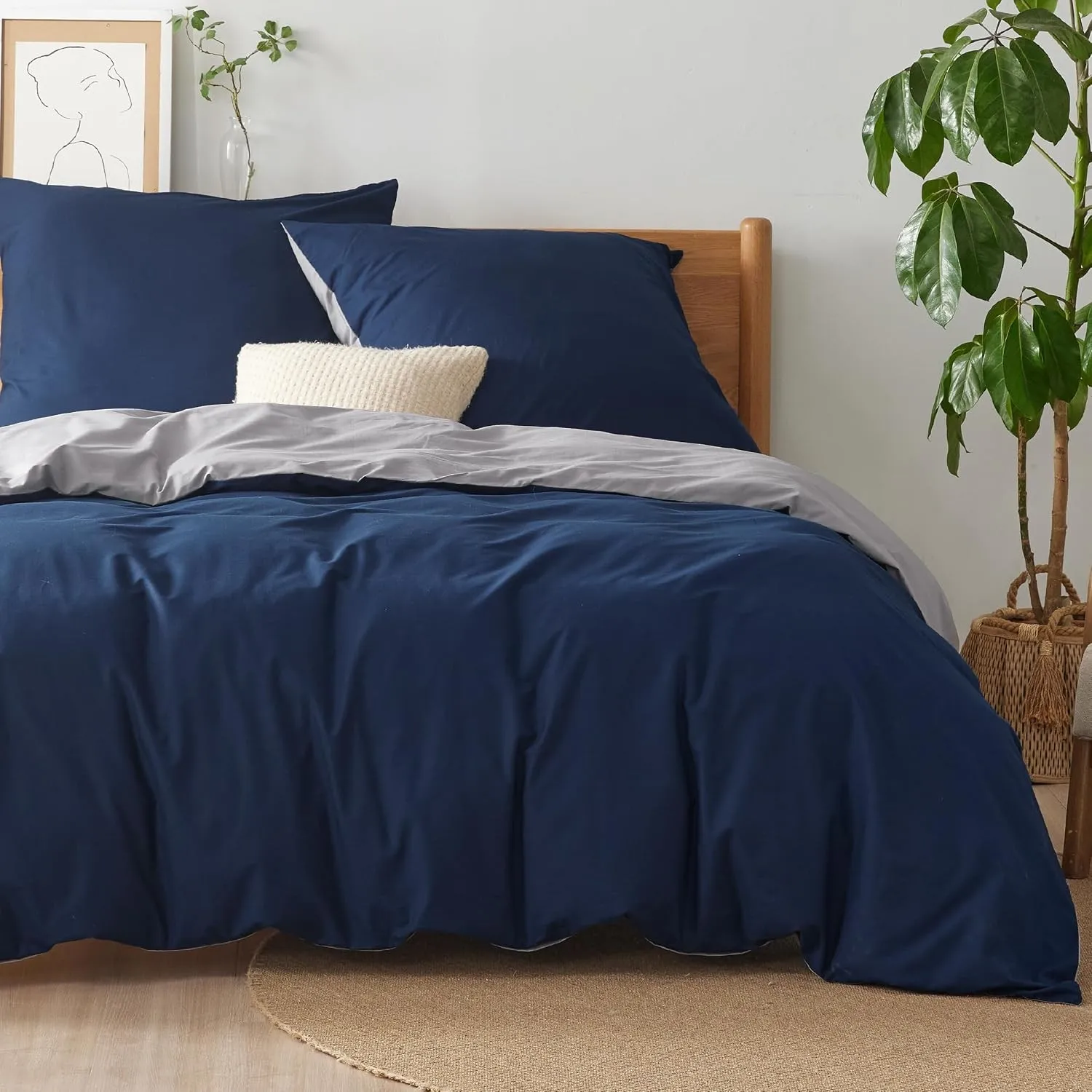 BEDSURE Bettwäsche 220x240 Baumwolle 3tlg. - Blau/Grau Set 2x80x80 Kissen
