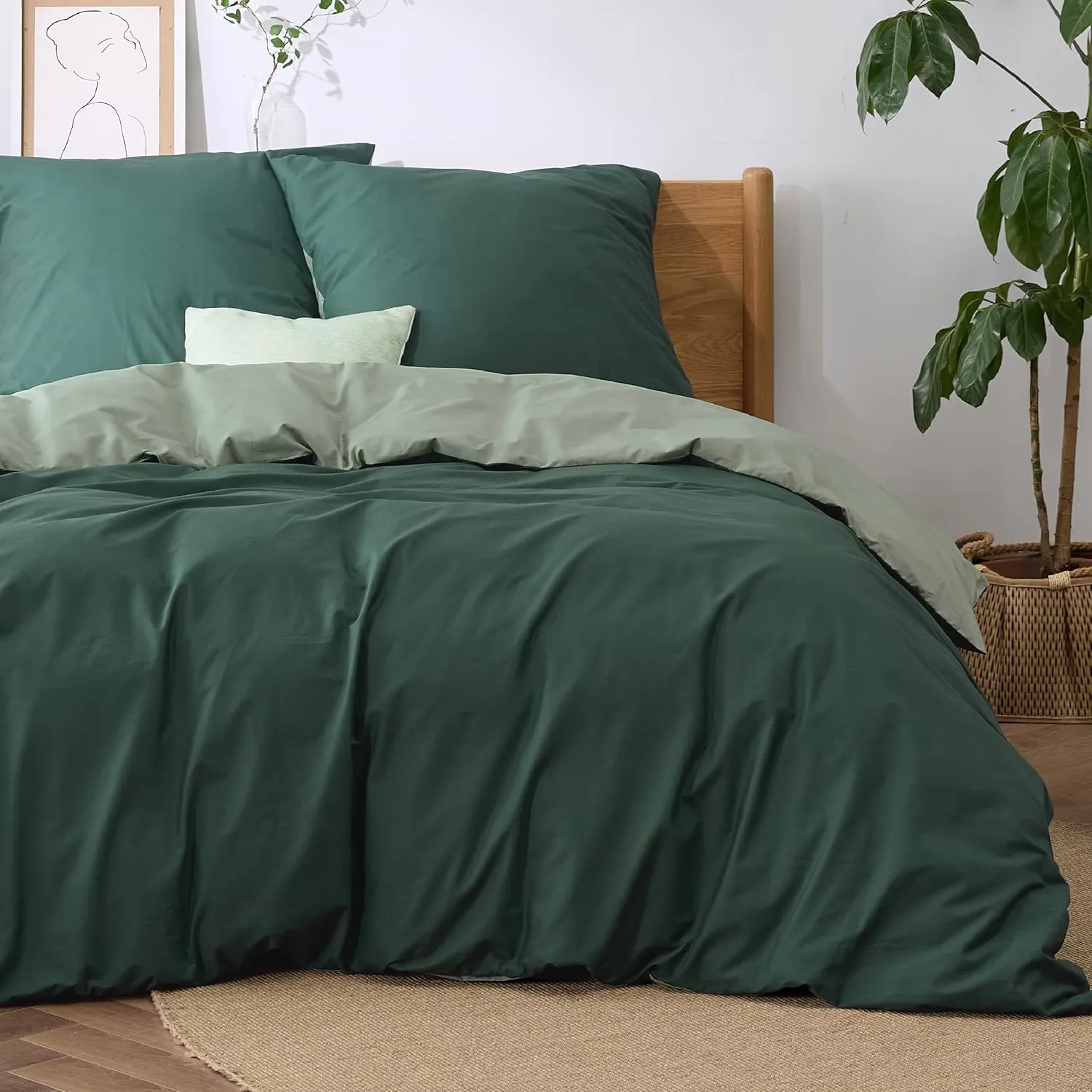 BEDSURE Bettwäsche 200x200 Salbeigrün Dunkelgrün - Baumwolle Bettwäsche-Sets 200 x 200 cm Wendebettwäsche 3teilig mit 2…