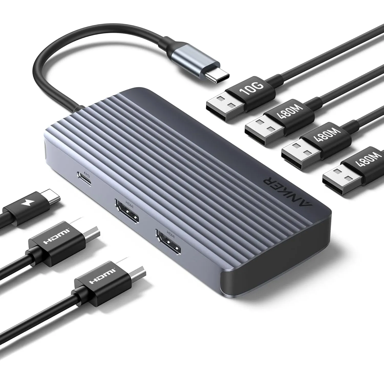 Anker 7-in-1 USB-C Hub, Dual Display USB-C Docking Station, Dual HDMI Display, 100W Stromzufuhr, 10Gbit/s Datenübertrag…