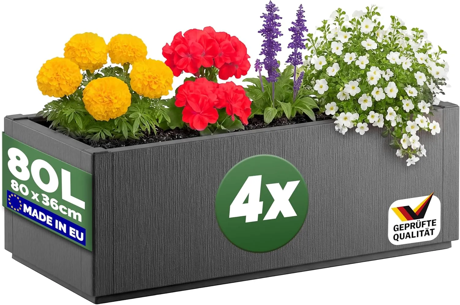 Casaria® 4X Blumenkasten 'Ethica' 80L 80x36x35cm Ablaufboden Kunststoff Winterfest Garten Pflanzkübel Übertopf Pflanzka…