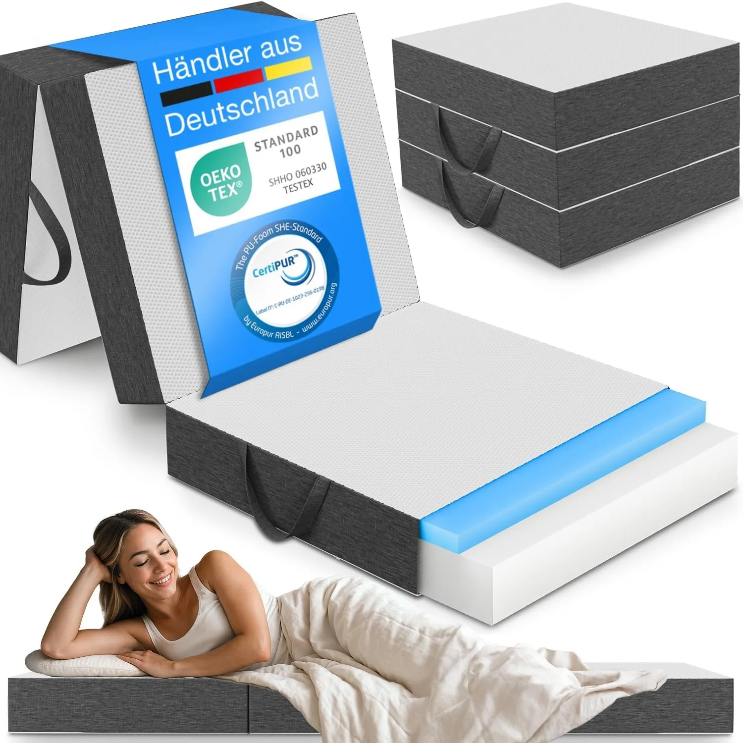 ELONEO Premium Visco Klappmatratze 90x200 cm, extra hoch 15 cm, Gästematratze klappbar, Faltmatratze, Faltbare Matratze…