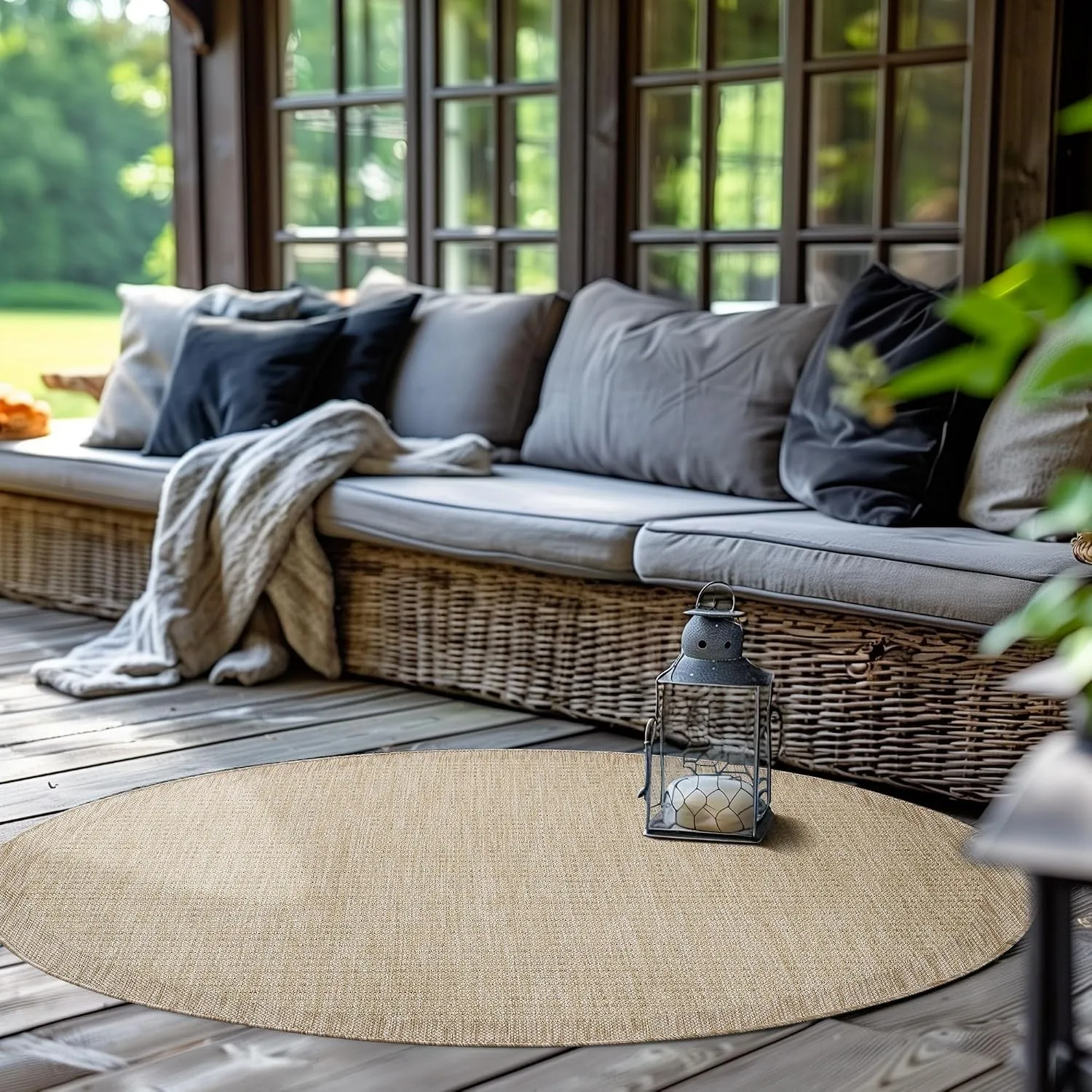SIMPEX In- & Outdoor Teppich Wetterfest 200 cm Rund Einfarbig Beige - Waschbar, Wasserfest, Pflegeleicht und Flachgeweb…