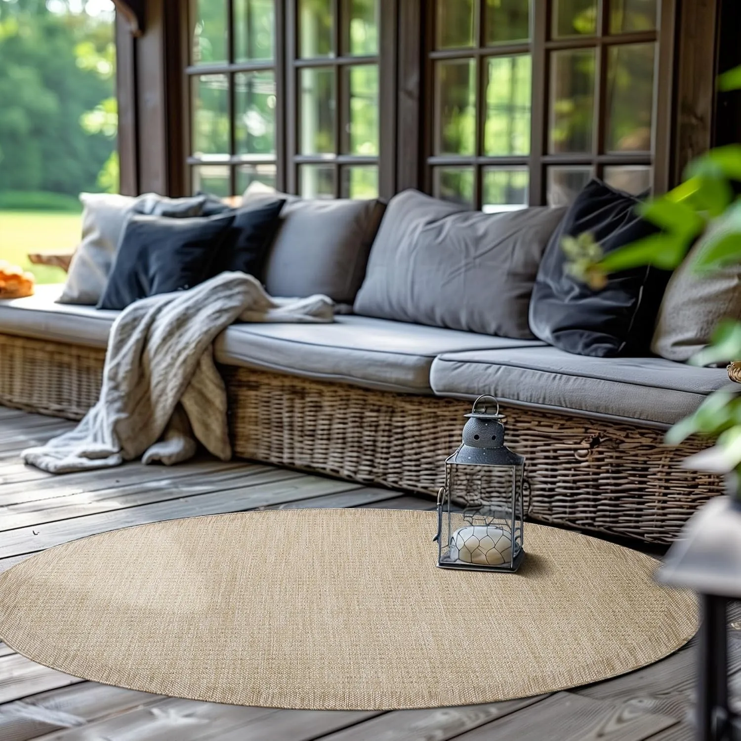 SIMPEX In- & Outdoor Teppich Wetterfest 120 cm Rund Einfarbig Beige - Waschbar, Wasserfest, Pflegeleicht und Flachgeweb…