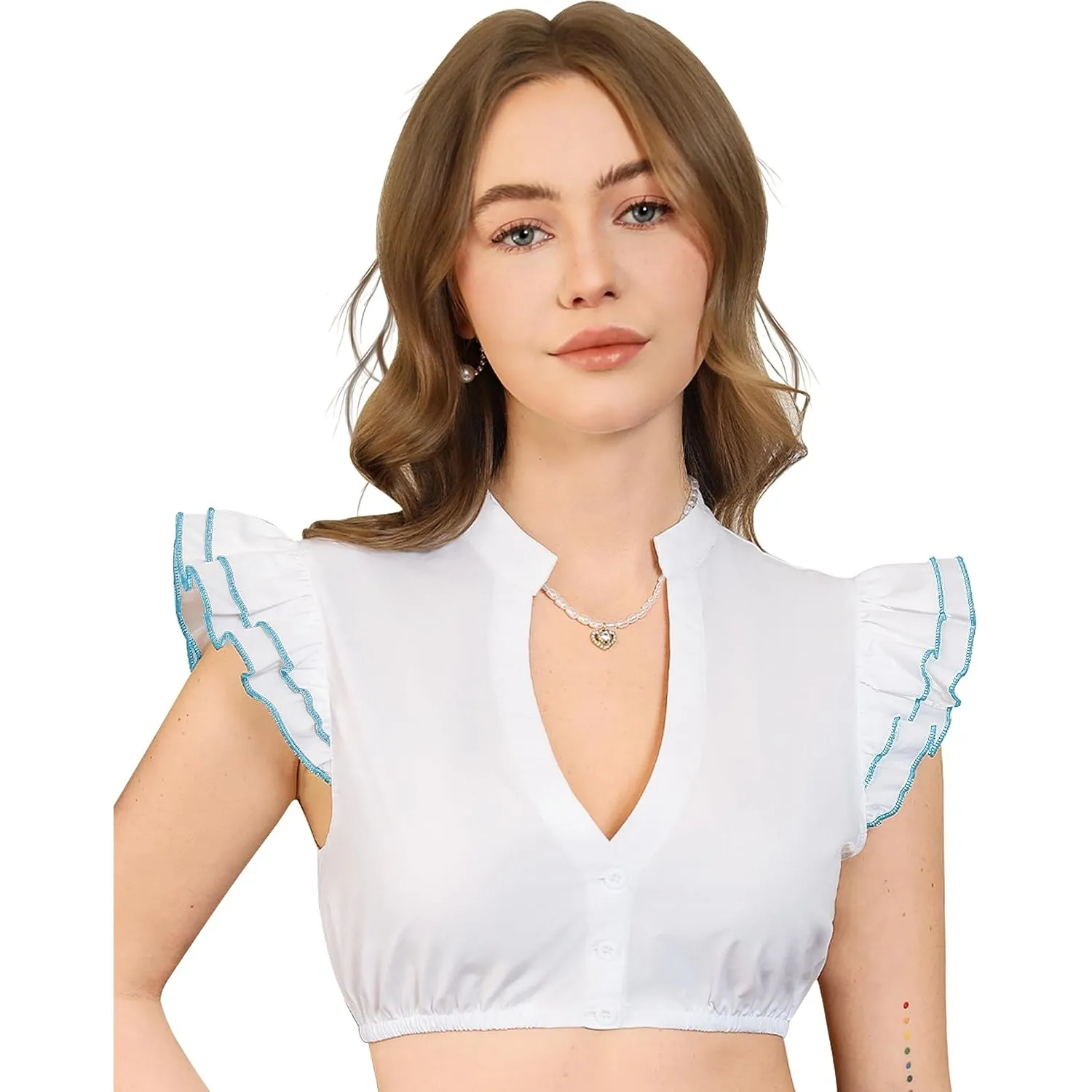 Funspread Dirndl Bluse Damen Weiß - Dirndlbluse Kurzarm DirndlBlusen V Ausschnitt Trachtenbluse