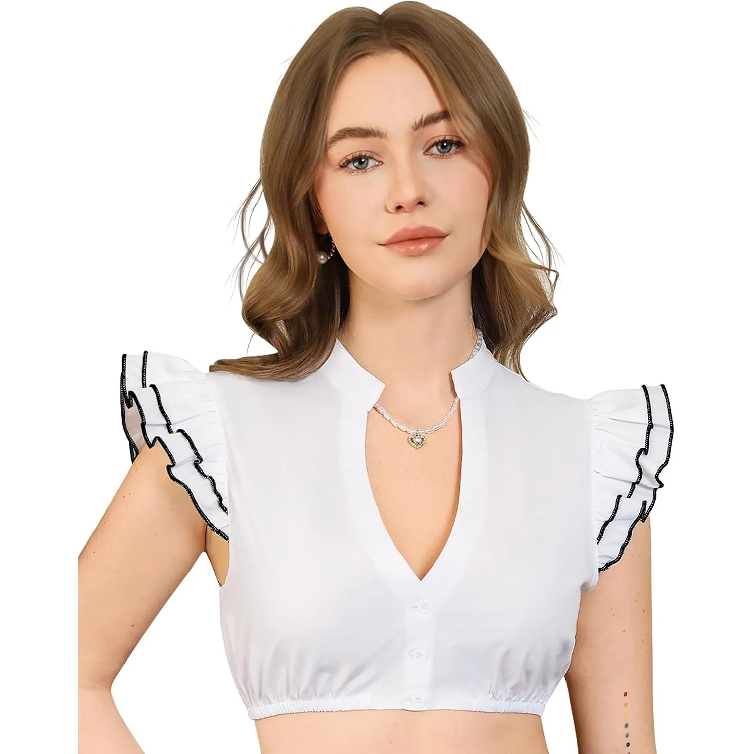 Funspread Dirndl Bluse Damen Weiß - Dirndlbluse Kurzarm DirndlBlusen V Ausschnitt Trachtenbluse