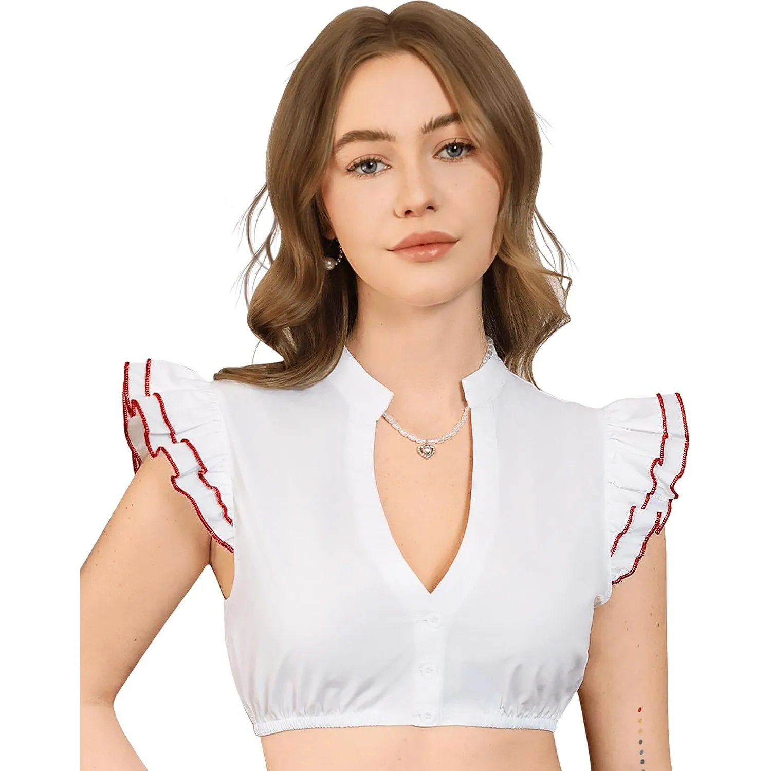 Funspread Dirndl Bluse Damen Weiß - Dirndlbluse Kurzarm DirndlBlusen V Ausschnitt Trachtenbluse