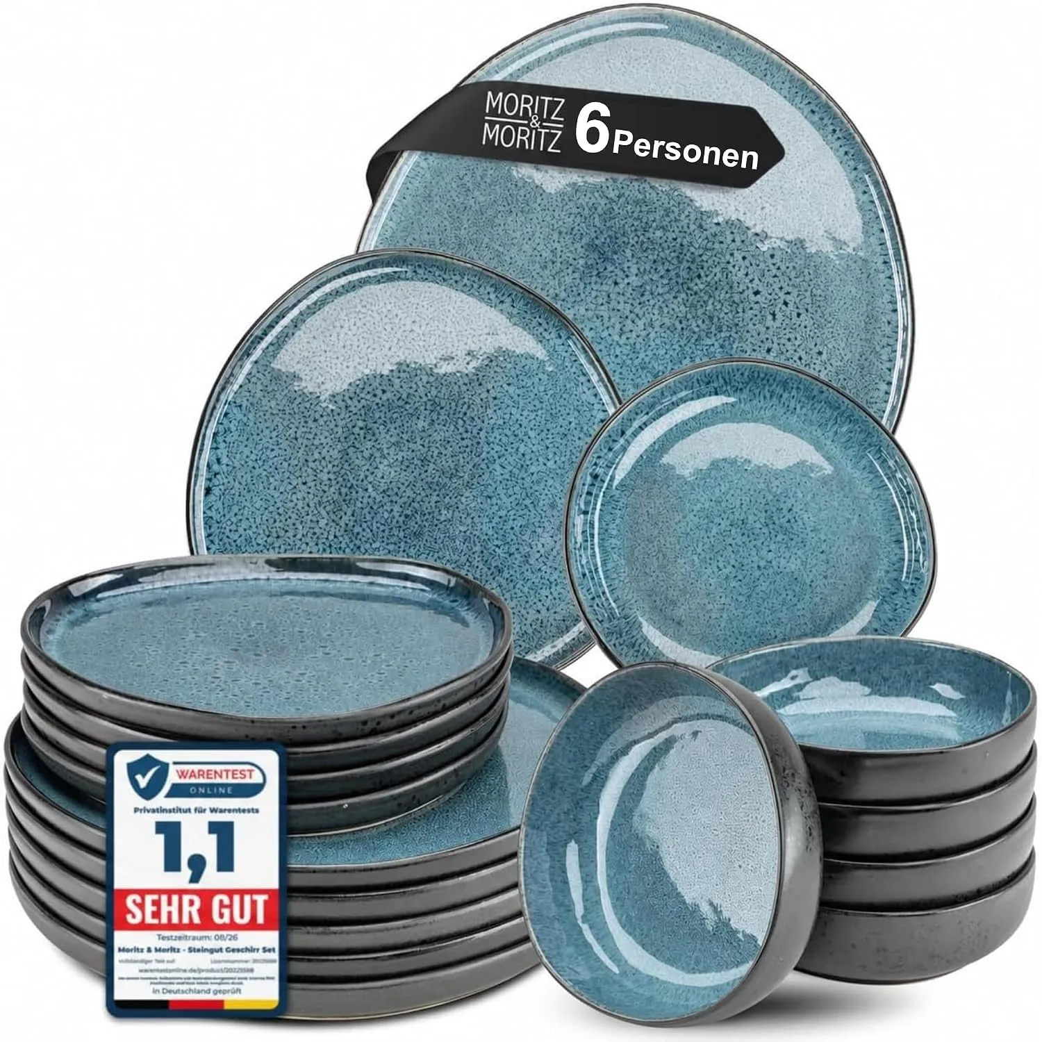 Moritz & Moritz Steingut Geschirrset 6 Personen Blau 18-Teilig - Steingut Teller Set bestehend aus 6x Dinnerteller, 6x …