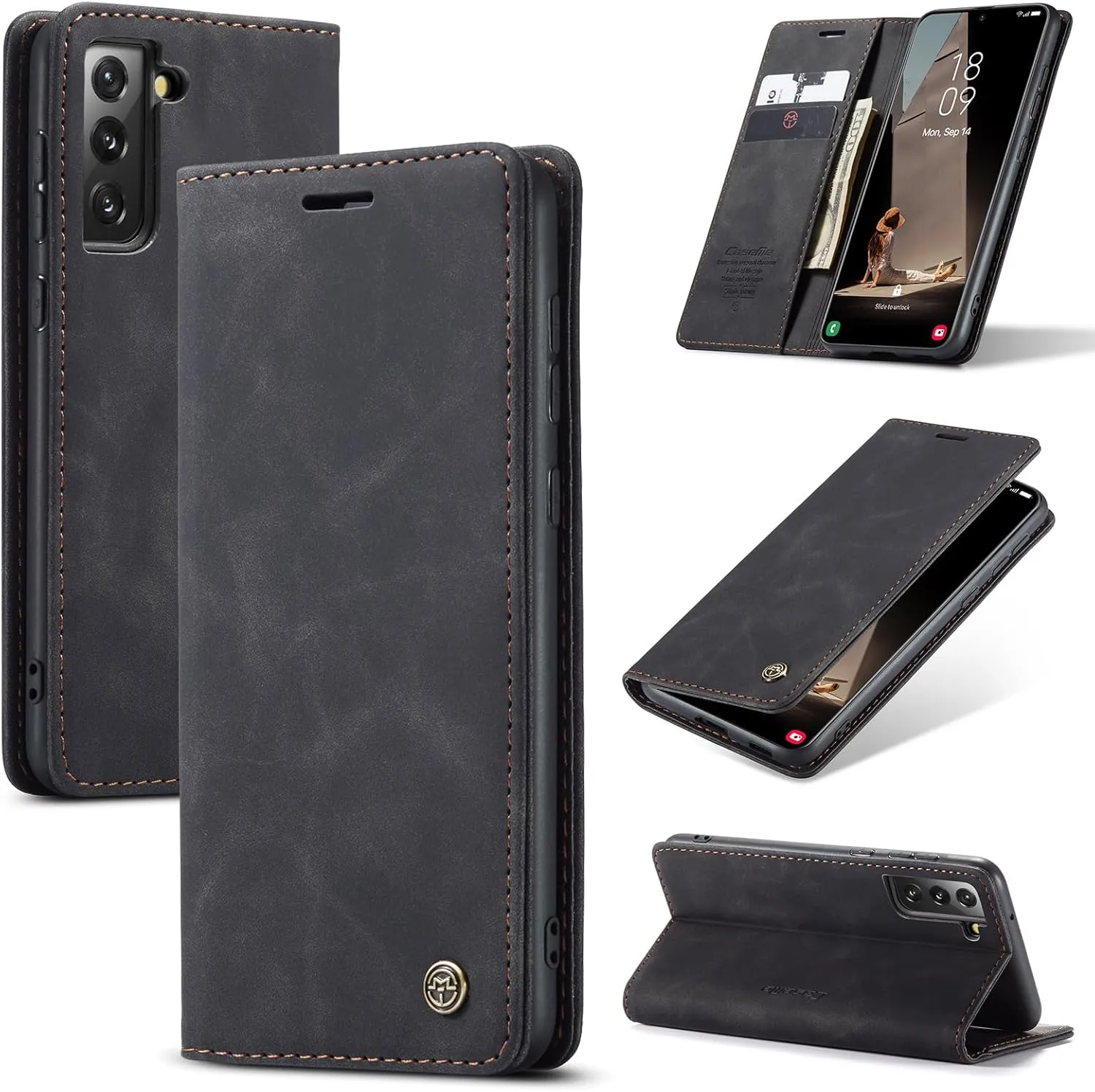 Handyhülle für Samsung Galaxy S21 FE Hülle, Premium Lederhülle Weiches Vintage-Nubukleder Faltbare Ständer Klapphülle K…